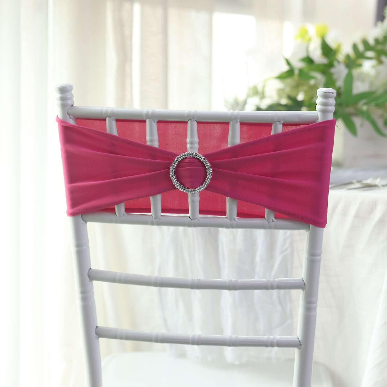 5 Pack Stretch Spandex Chair Sashes Fuchsia - Reusable Chair Bands with Silver Diamond Ring Slide Buckle 5x14