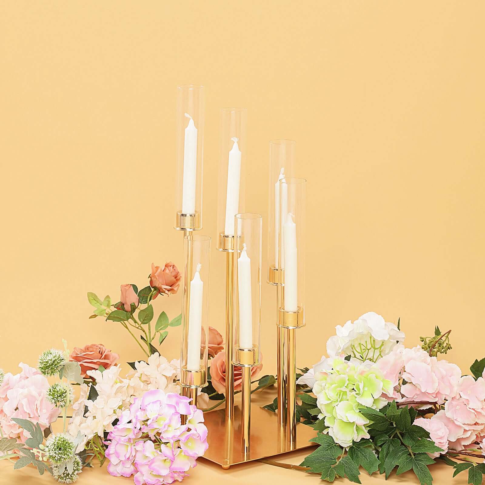 6-Arm Cluster Taper Candle Holder Gold with Clear Glass Shades - Sleek Candle Display for Gatherings 24