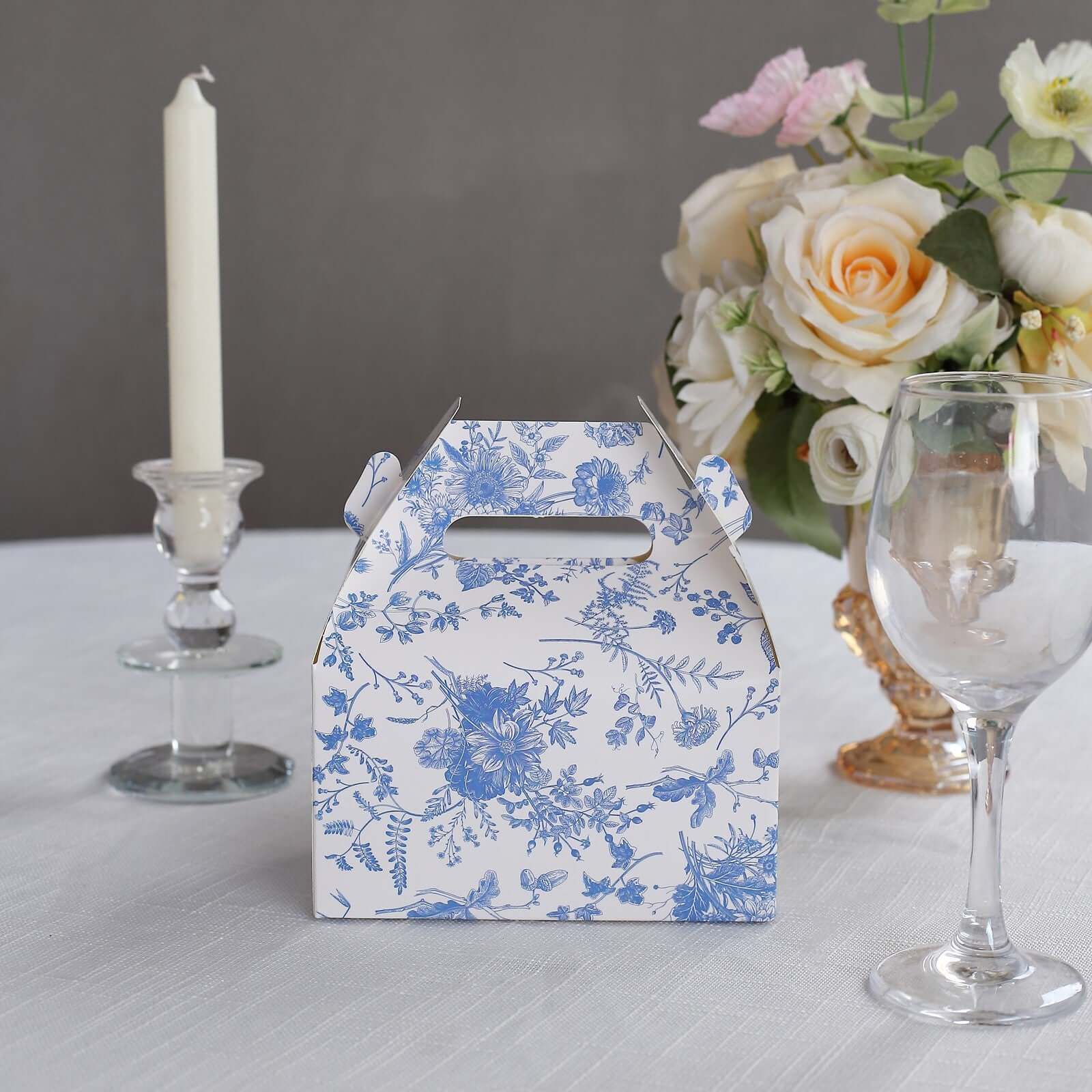 25 Pack White Blue Candy Gift Tote Gable Boxes in French Toile Pattern, Party Favor Treat Boxes - 6x3.5x7