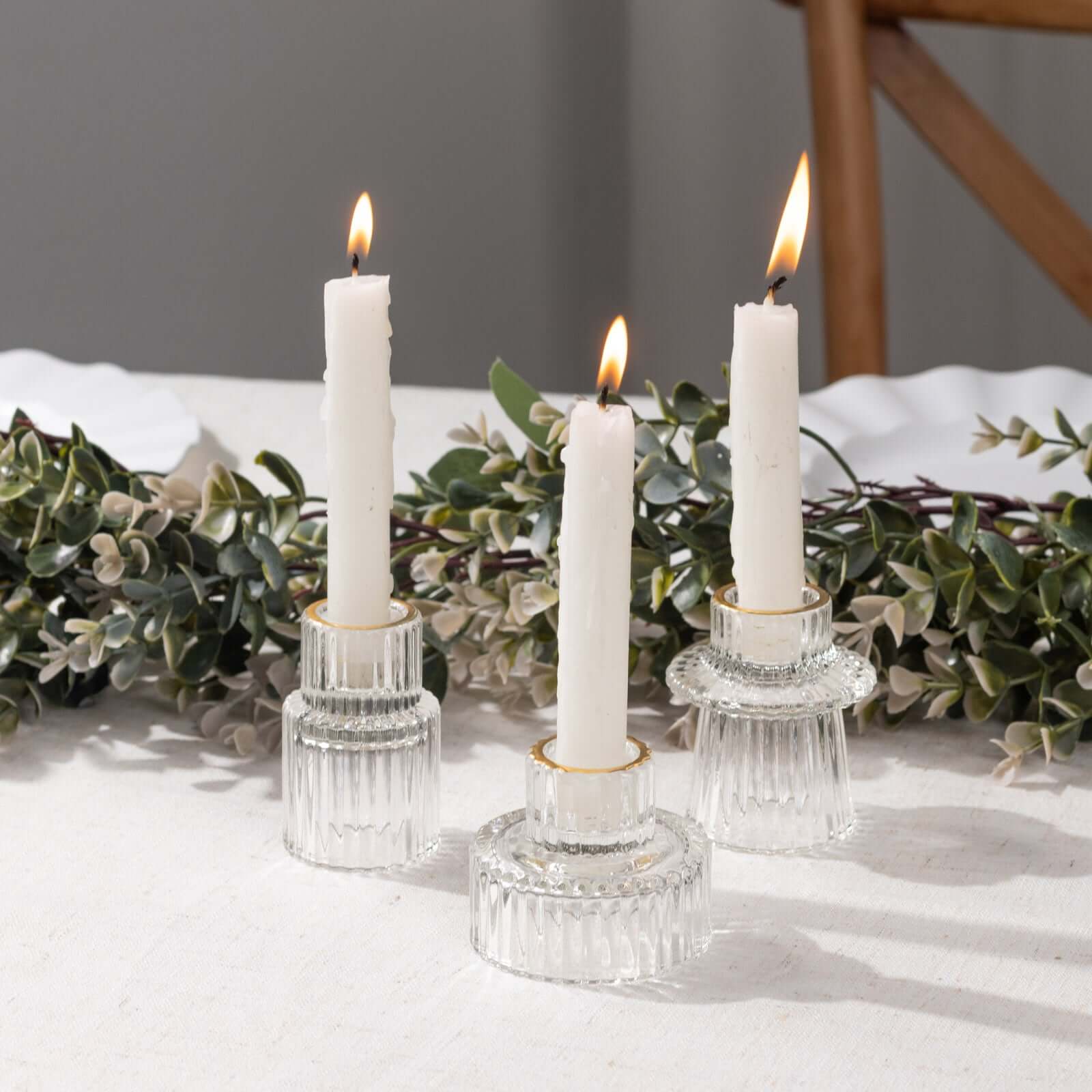 Set of 6 Glass Taper Candle Holders Ribbed Crystal Design with Gold Rim Clear - Reversible Mini Votive Tealight Stands 3