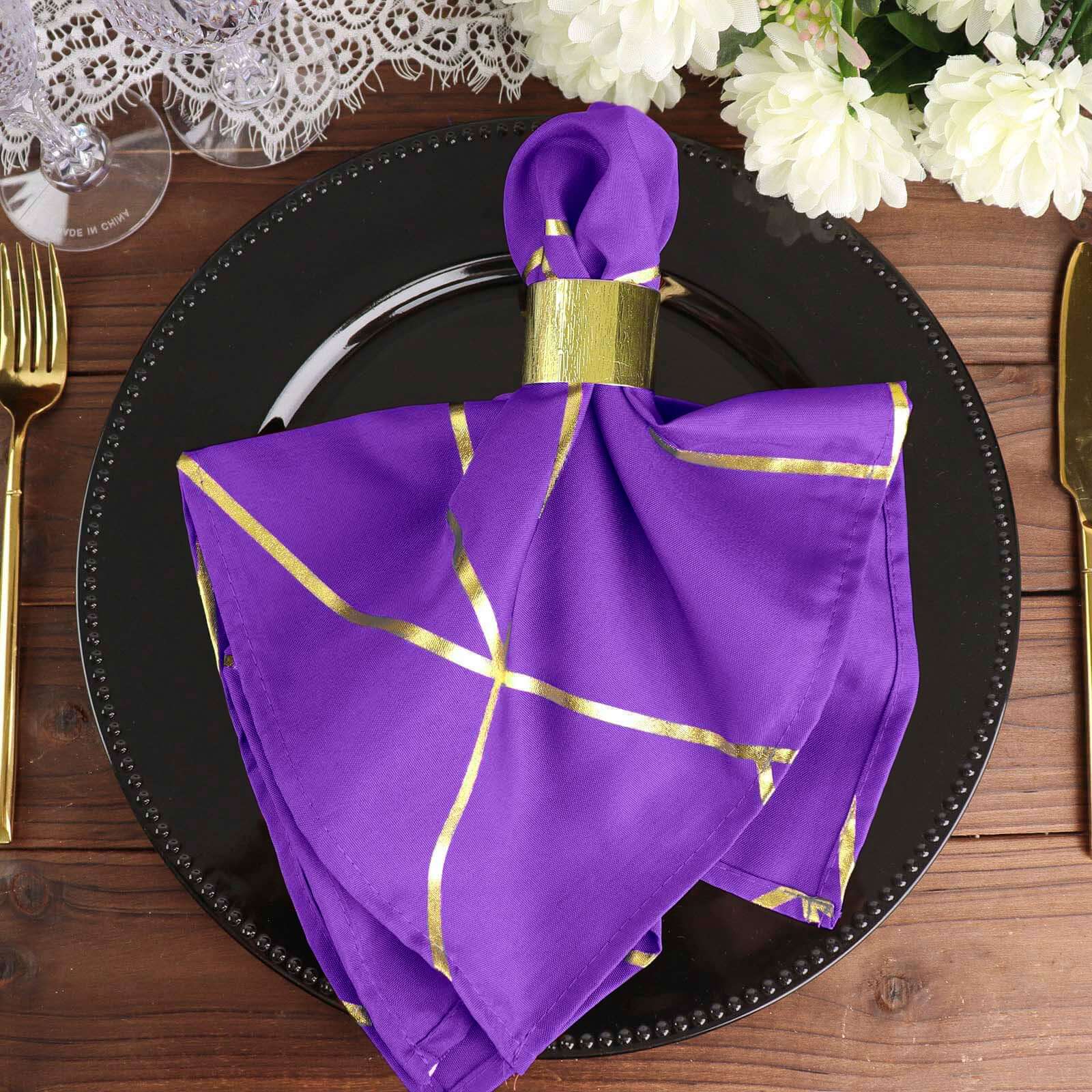 5 Pack Polyester 20x20 Napkins Purple with Gold Geometric Foil Pattern - Modern Reusable Dinner Napkins