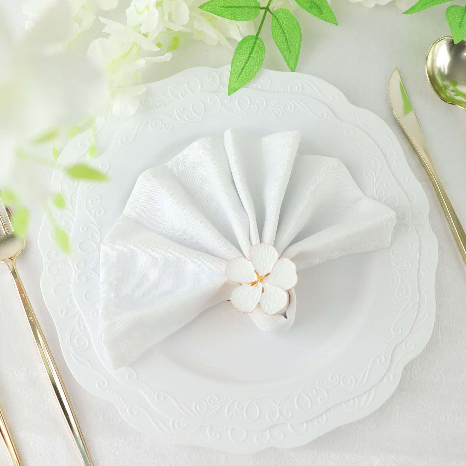 4 Pack White and Gold Metal Flower Napkin Rings, Floral Serviette Buckle Napkin Holder Set - Plum Blossom Design