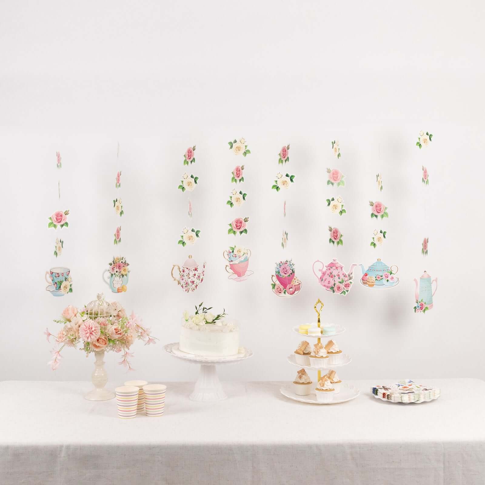 8 Pack Double Sided Floral Tea Party Paper Garland, 40 Pre-Assembled Mixed Teapot Banner Hanging Decorations