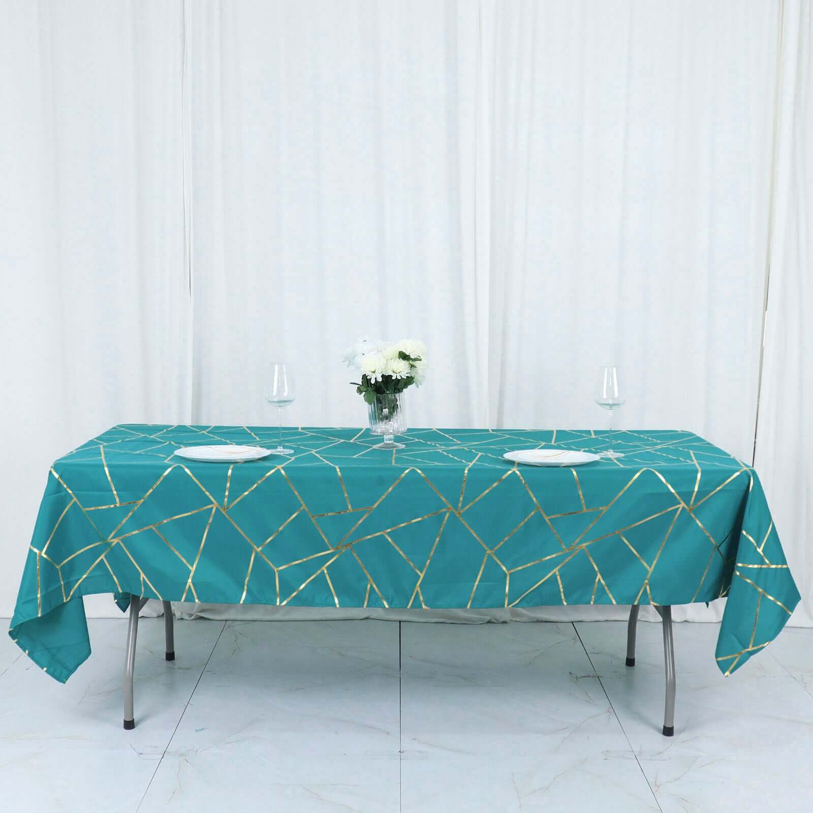 Polyester 60x102 Rectangle Tablecloth Teal with Gold Foil Geometric Pattern - Wrinkle-Resistant & Durable Table Cover