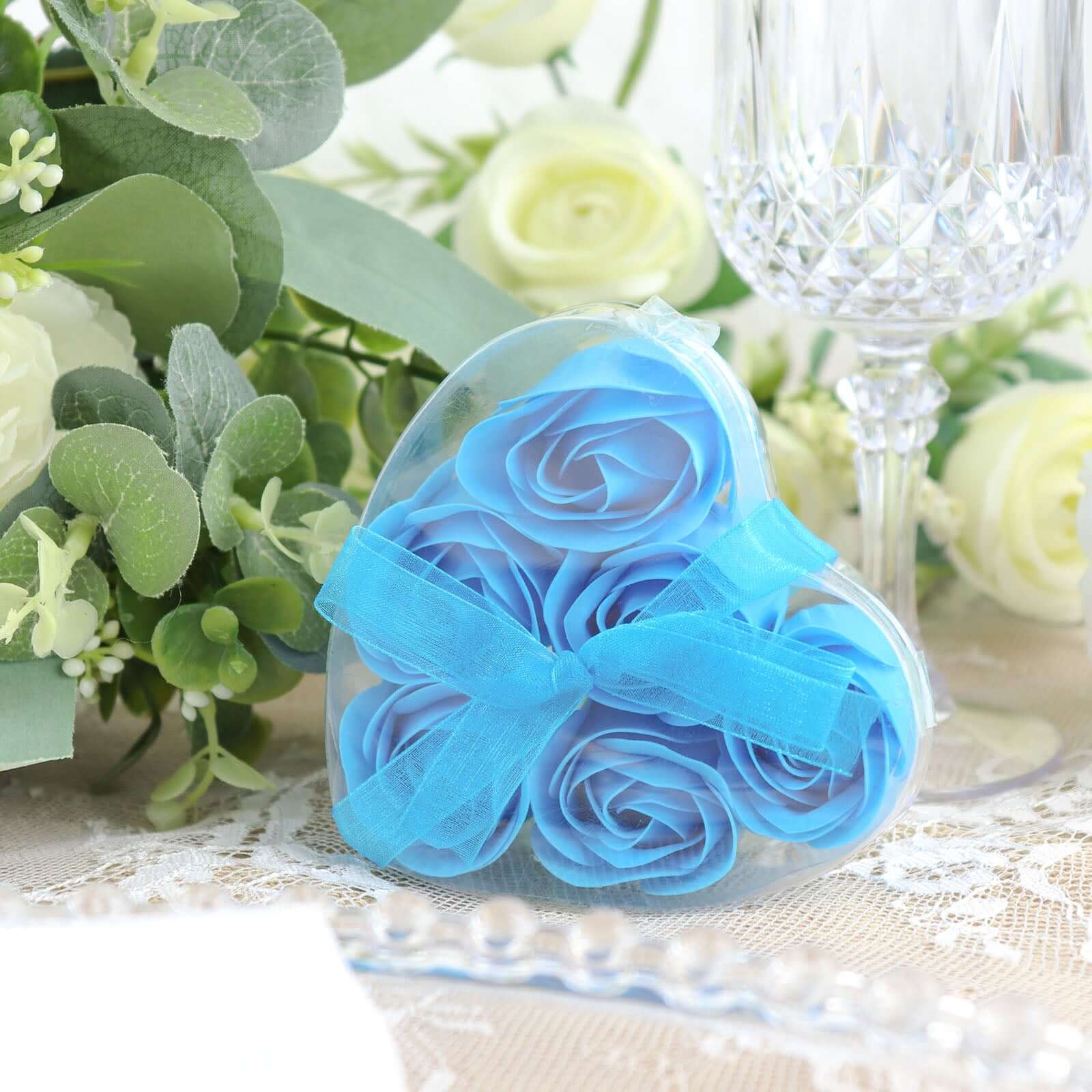 6 Pcs Turquoise Scented Rose Soap Heart Shaped Party Favors With Gift Box And Ribbon