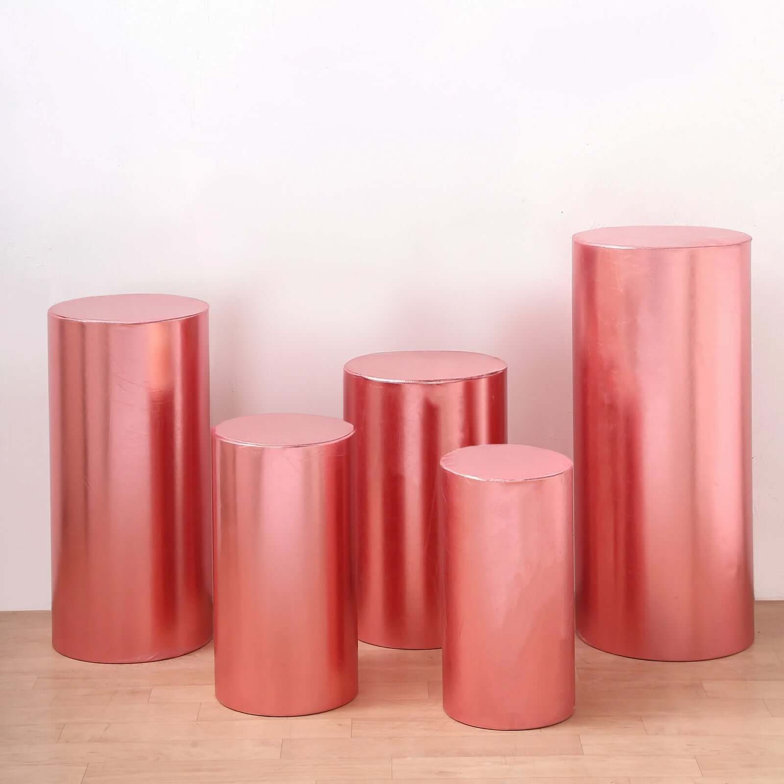 Set of 5 Metallic Rose Gold Spandex Cylinder Pedestal Stand Covers, Shiny Stretchable Pillar Prop Covers - 130 GSM