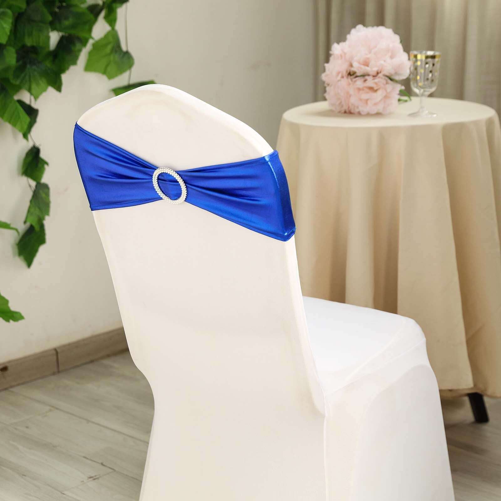 5 Pack Metallic Spandex Chair Sashes Royal Blue - Stretch Fit Chair Bands With Round Diamond Buckles