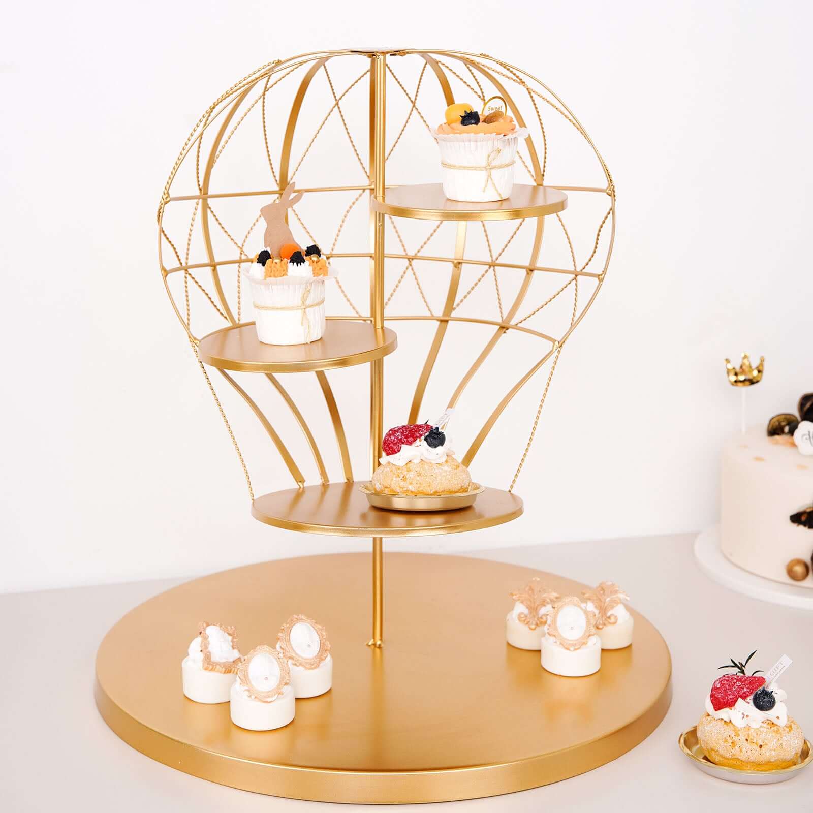 4-Tier Metal Cupcake Dessert Display Stand Gold Hot Air Balloon Design - Stylish Dessert Serving Tray Centerpiece Platter for Whimsical Carnival Inspired Events & Celebrations19