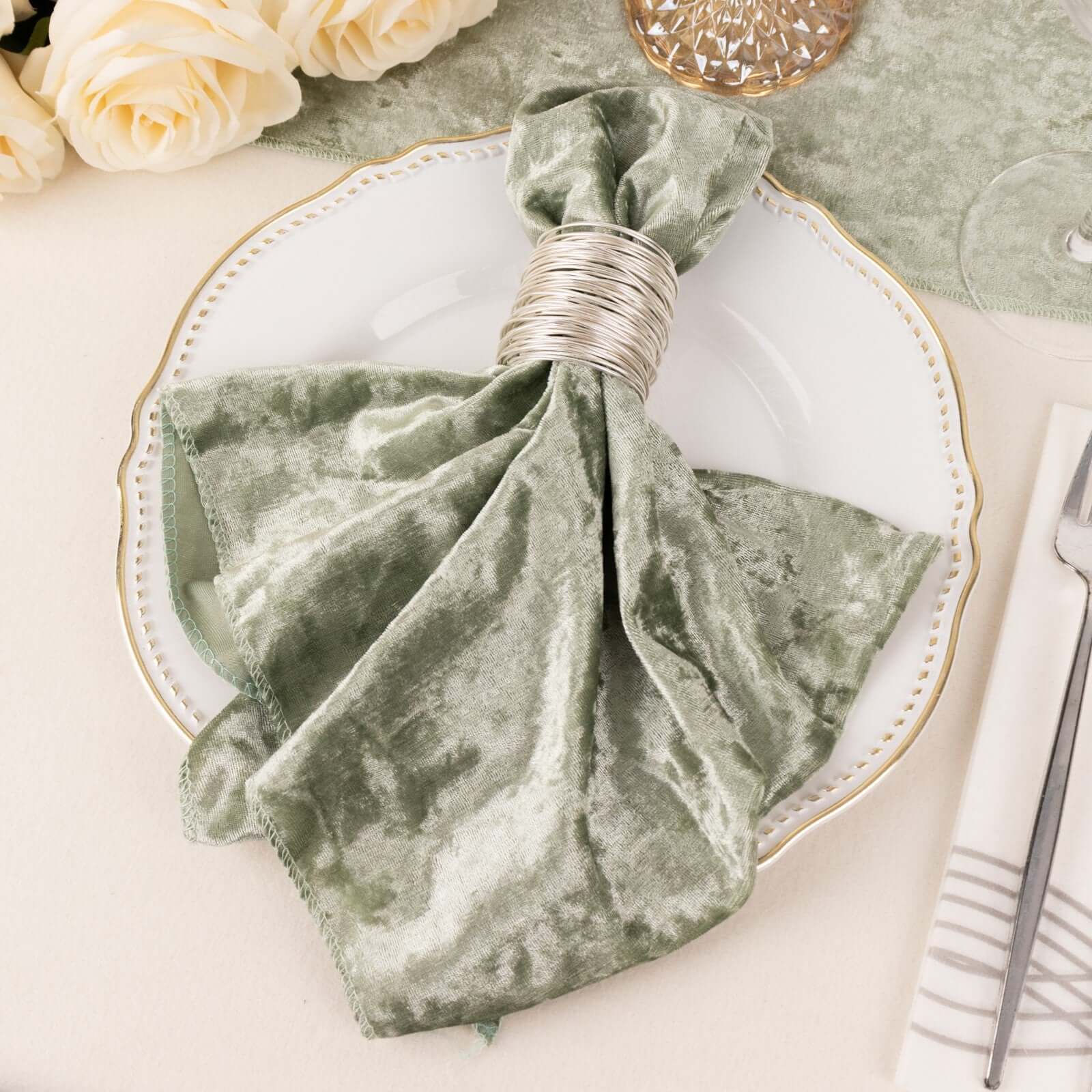 5 Pack Premium Crushed Velvet 20x20 Napkins Sage Green - Rich & Textured Finish Dinner Napkins