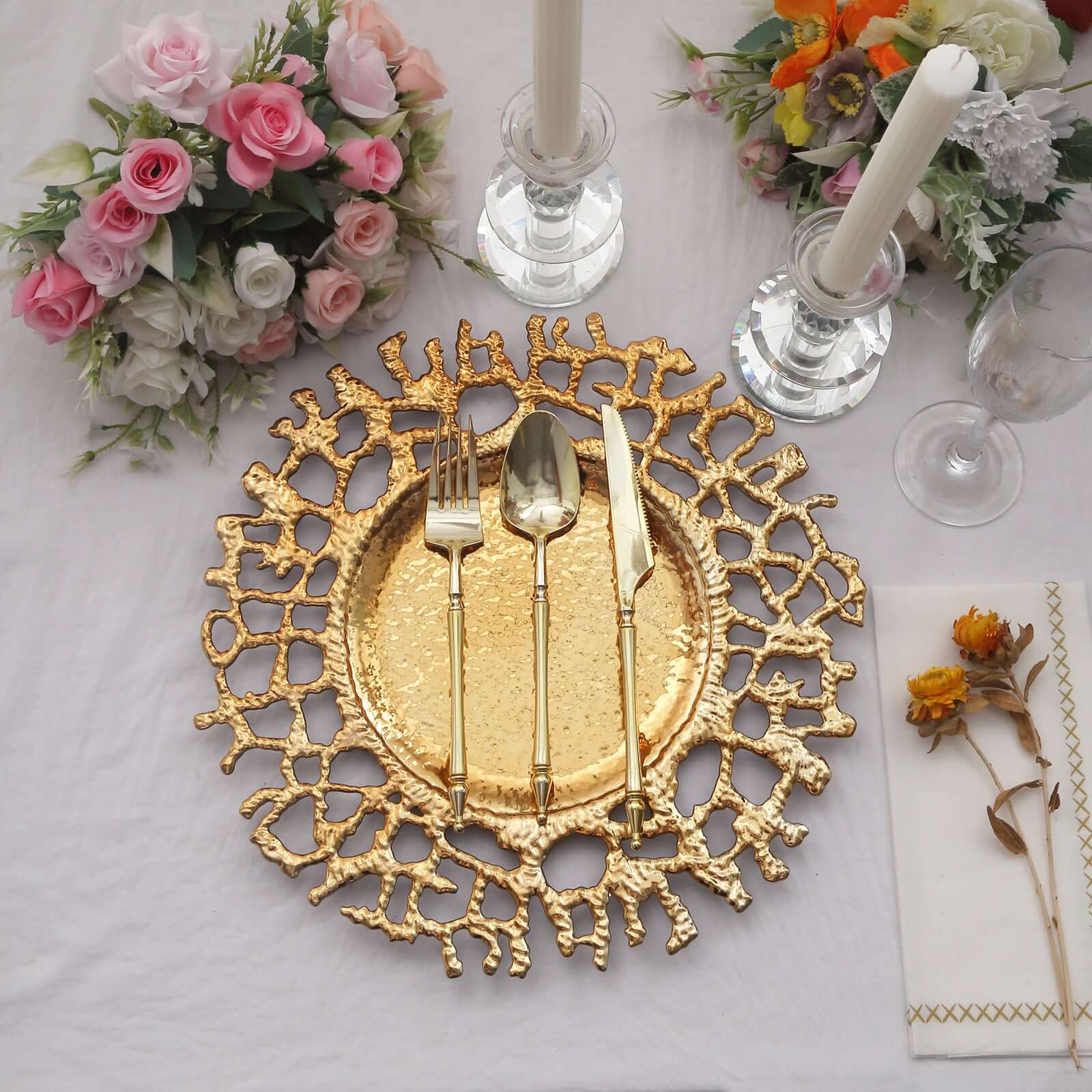 6-Pack Acrylic Round Charger Plates 13 in Gold with Molten Branch Design, Plastic Hollow Lace Decorative Dinner Party Charger Tableware