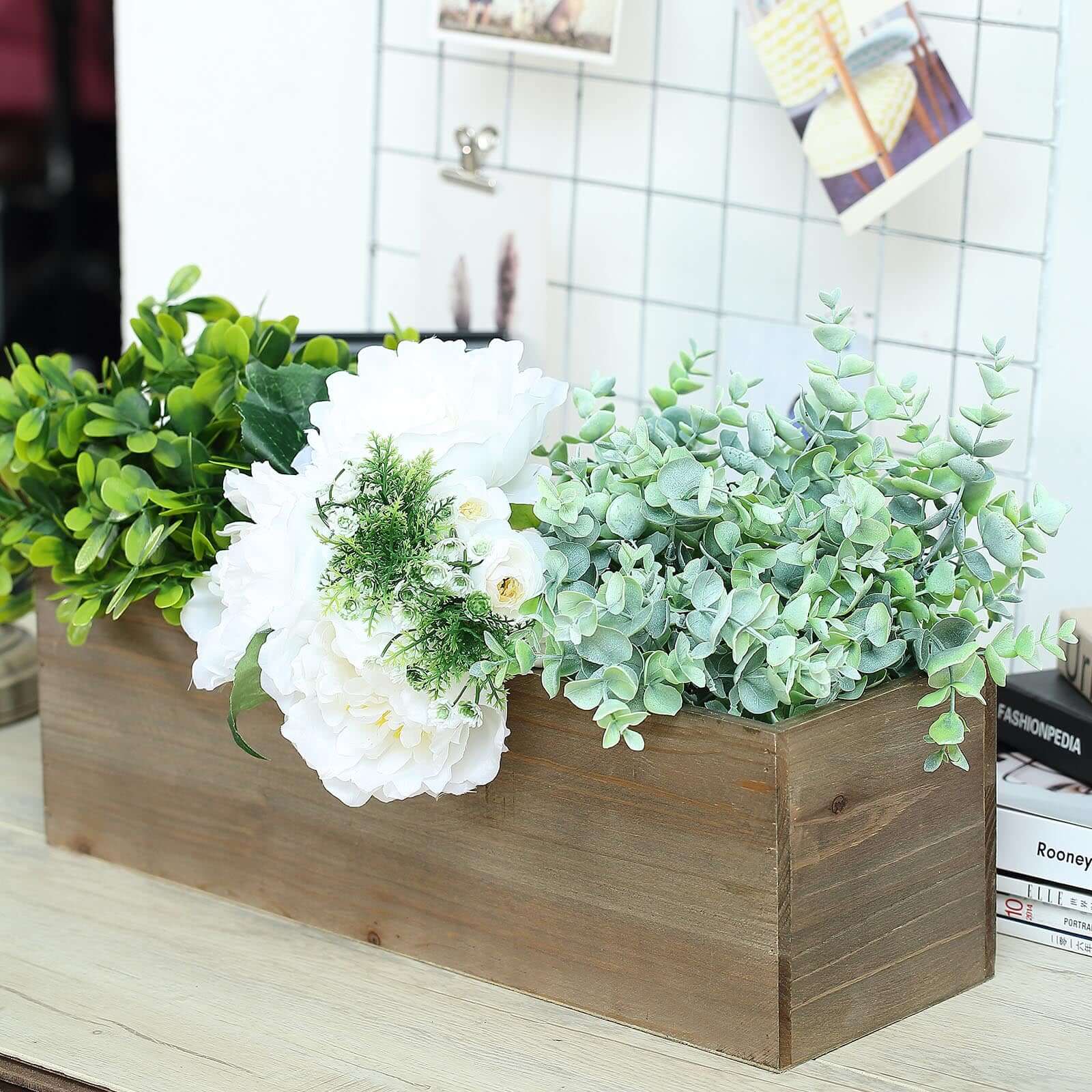 Natural Wood Planter Rectangular Box 18x6- Durable Decor with Removable Plastic Liner for Table Displays