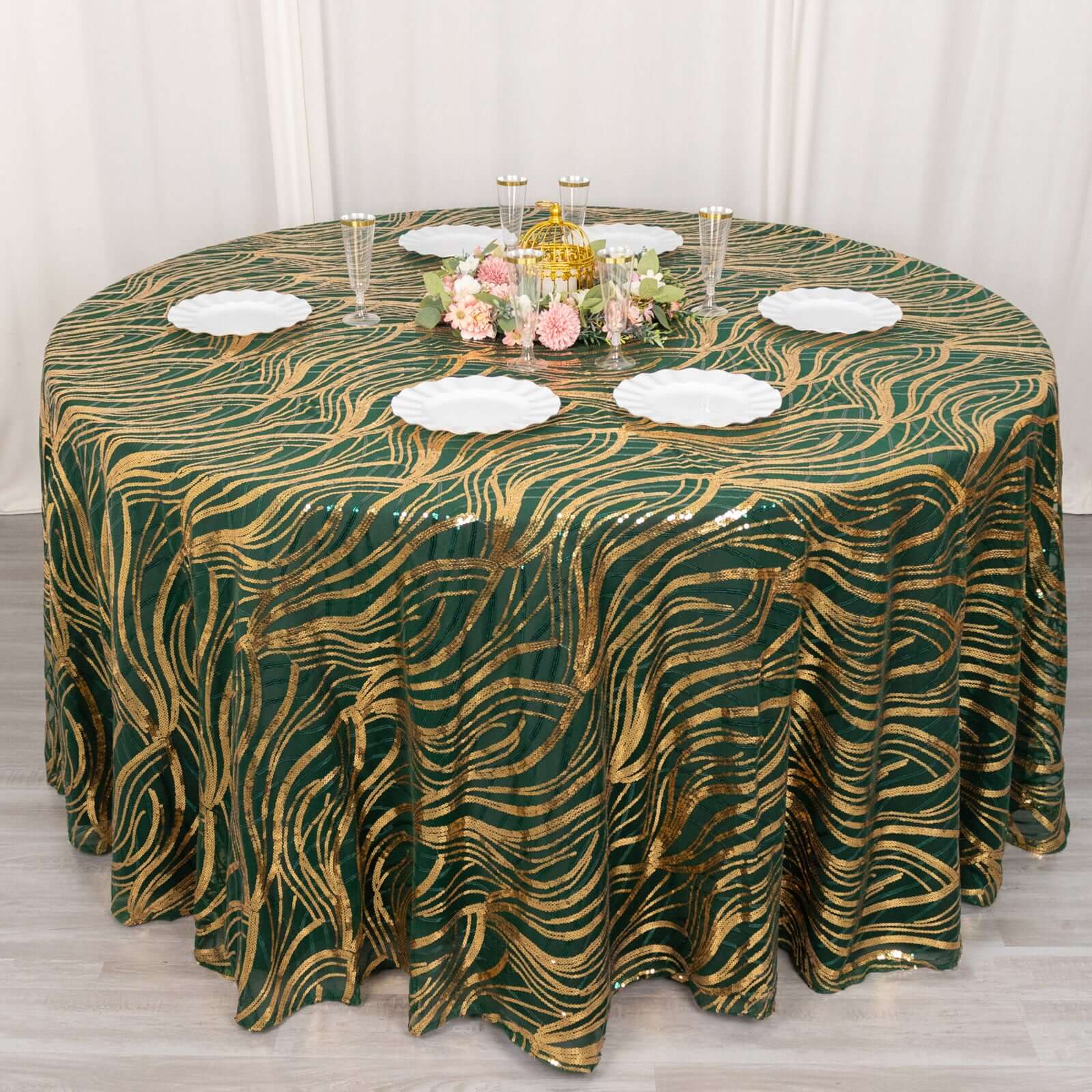 Sequin Mesh 120 Round Tablecloth Hunter Emerald Green/Gold - Seamless Wave Embroidered Table Cover