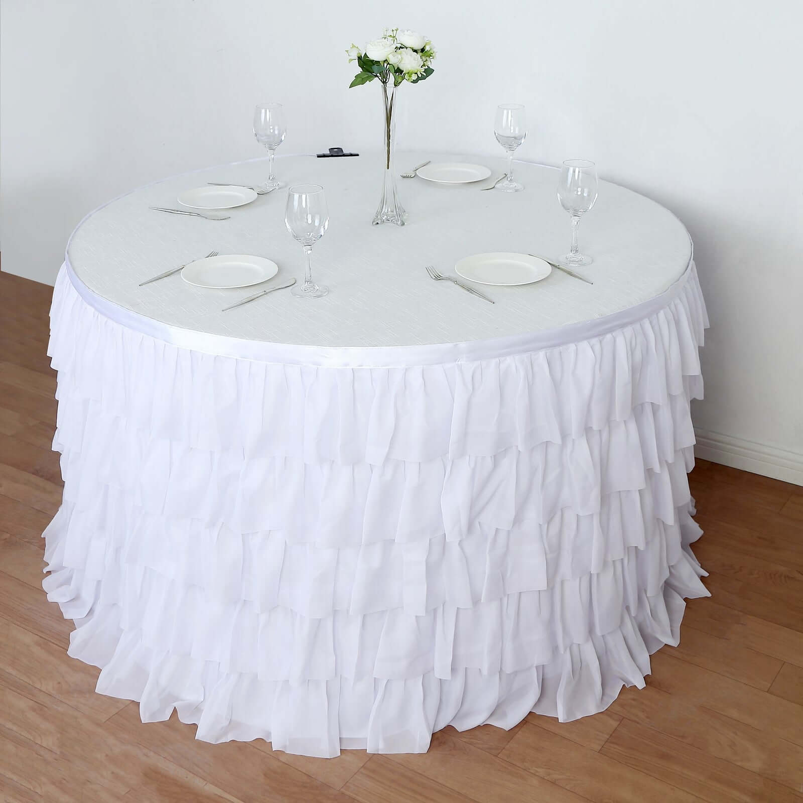 Chiffon 14ft Table Skirt White - 5-Tier Ombre Ruffled Tutu Table Cover with Satin Backing for Sophisticated Events