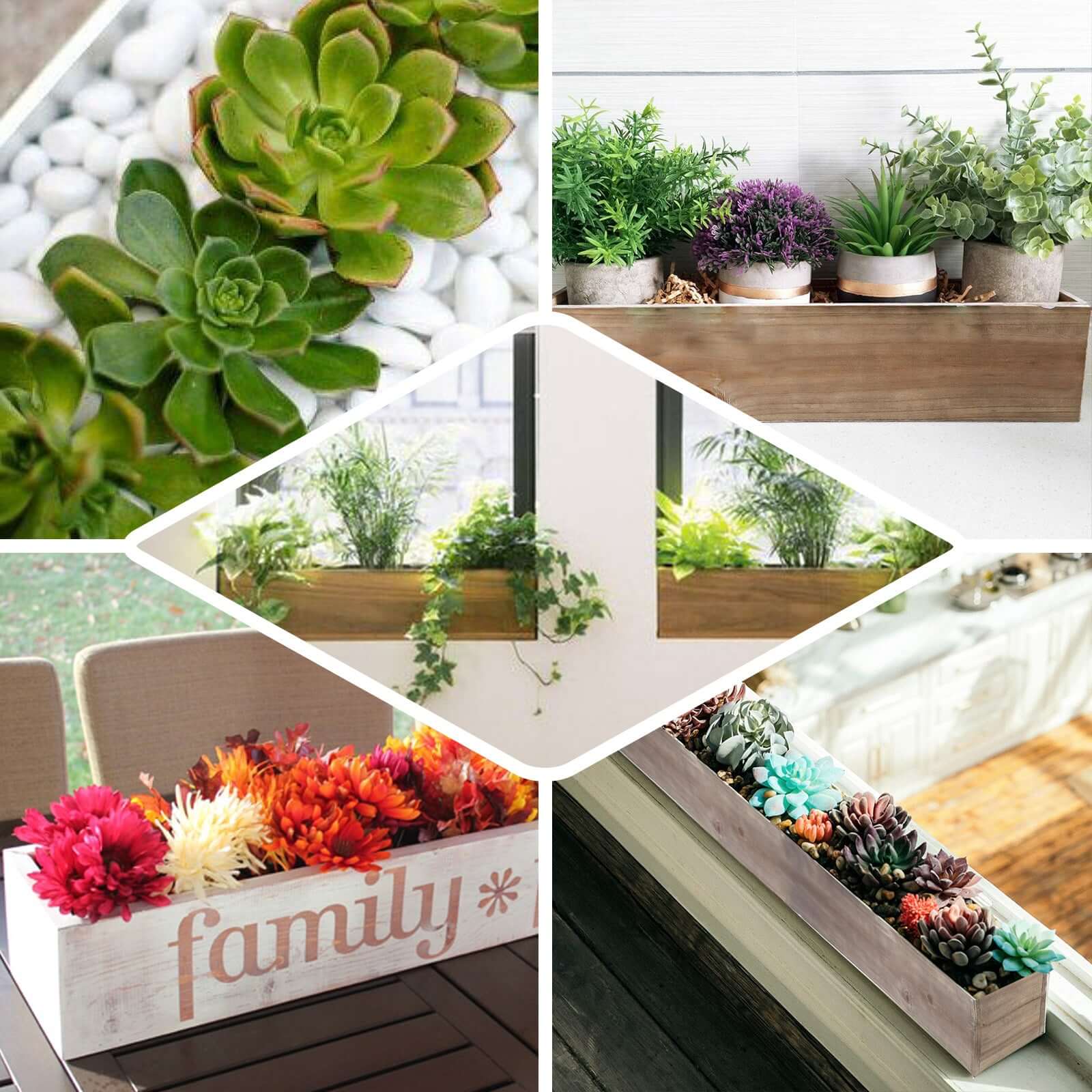 White Wood Planter Rectangular Box 30x6- Durable Decor with Removable Plastic Liner for Tables