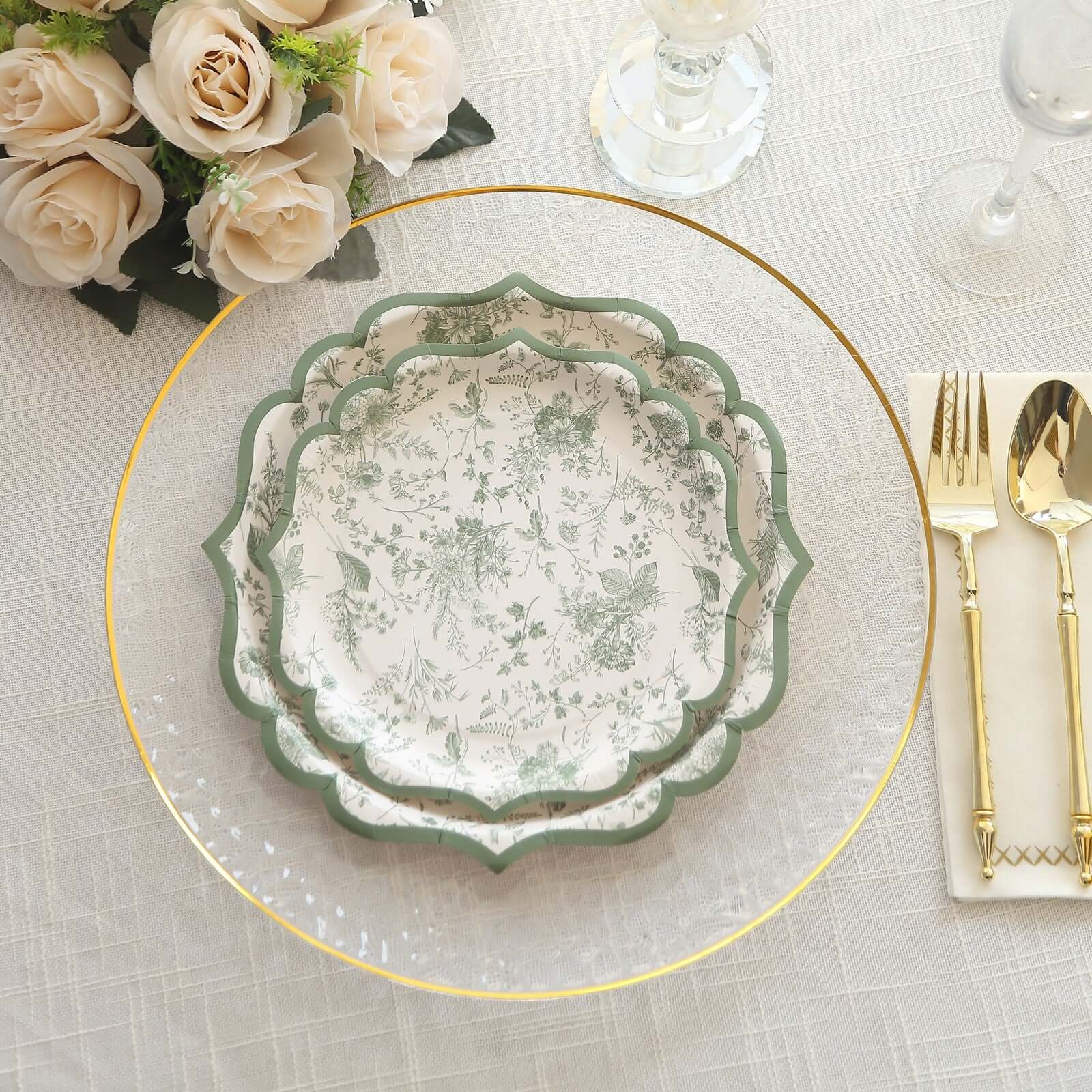 25-Pack Paper 8 Round Dessert Plates in White with Sage Green French Toile Design & Scalloped Rim - Disposable 300GSM Salad Appetizer Plates for Stylish Table Decor