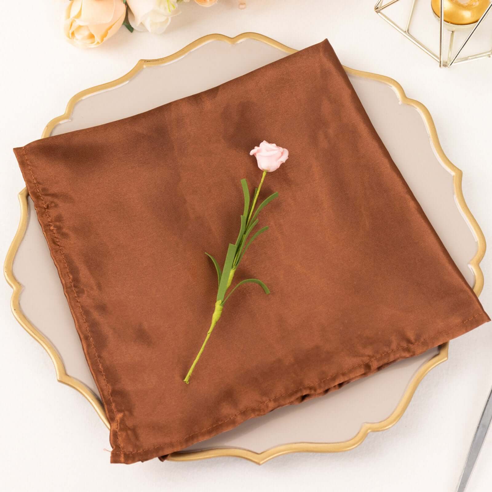 5 Pack Satin 20x20 Napkins Cinnamon Brown - Luxurious Shine & Smooth Dinner Napkins