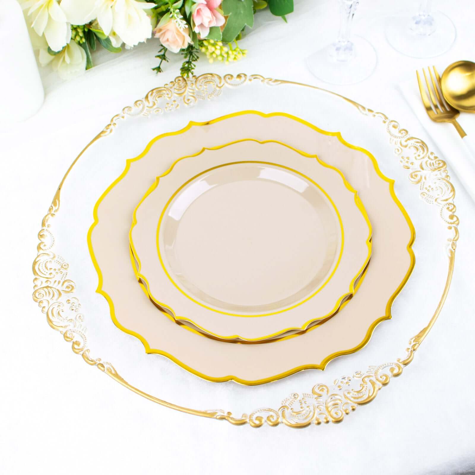 10-Pack Plastic 8 Round Desert Plates in Taupe with Gold Scalloped Rim - Disposable Appetizer/Salad Plates