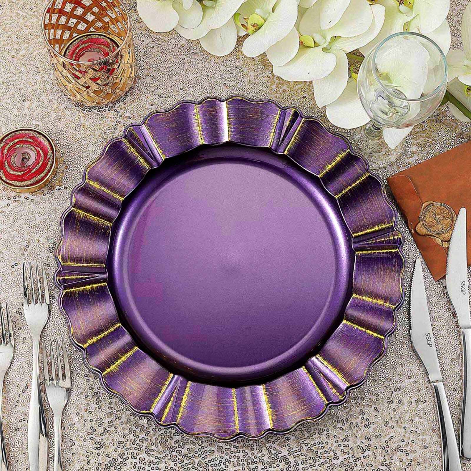 6-Pack Acrylic Plastic Round Charger Plates 13 in Purple with Gold Brushed Wavy Scalloped Rim, Decorative Dinner Party Charger Tableware