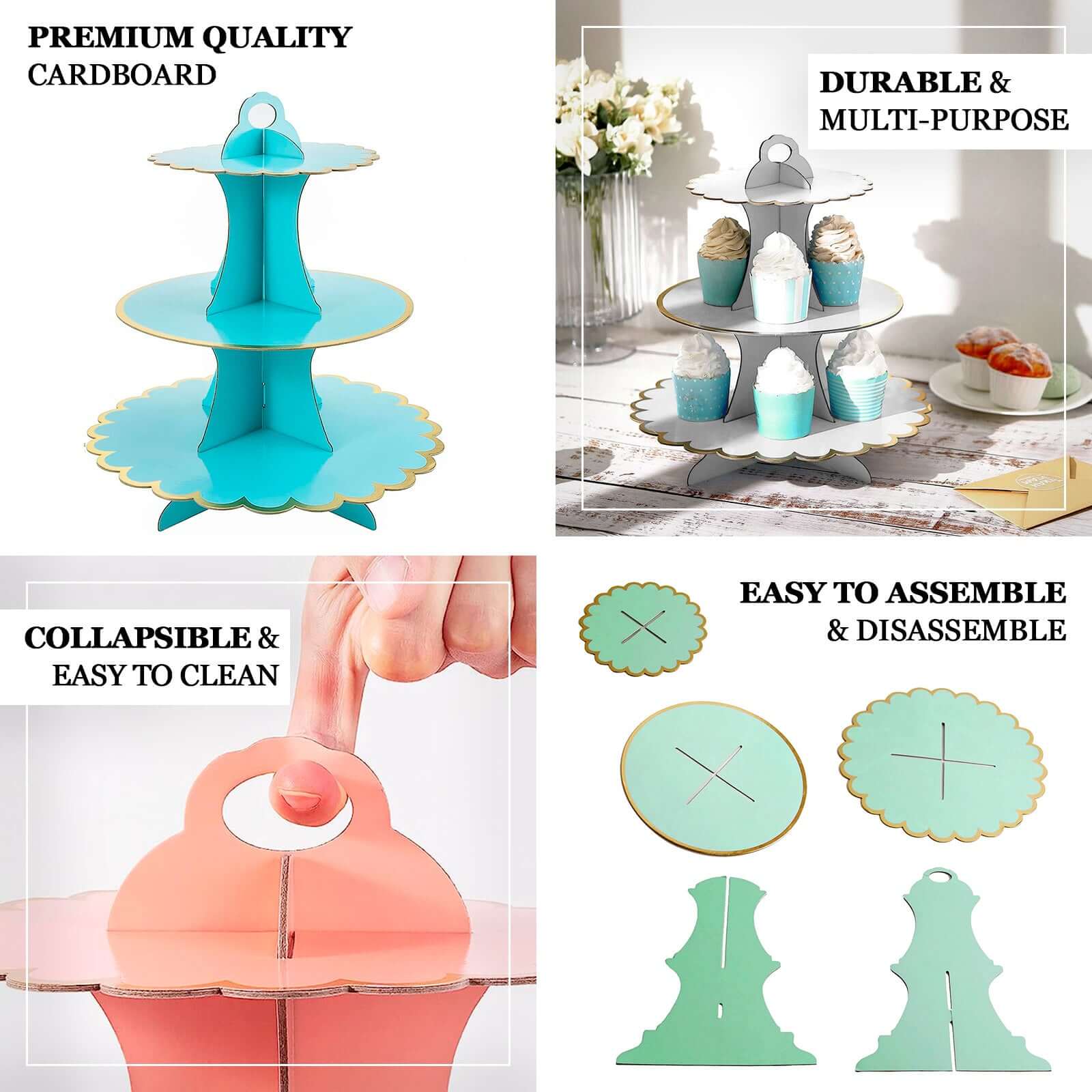 3-Tier Cardboard Cupcake Stand Light Blue - Sturdy & Collapsible Dessert Treat Tower with Gold Scalloped Rim for Baby Shower Wedding & Party Decor 13