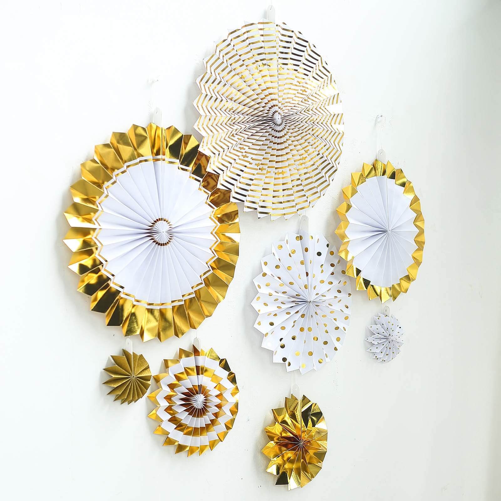 Set of 8 Gold White Hanging Paper Fan Decorations, Pinwheel Wall Backdrop Party Kit - 4, 8, 12, 16