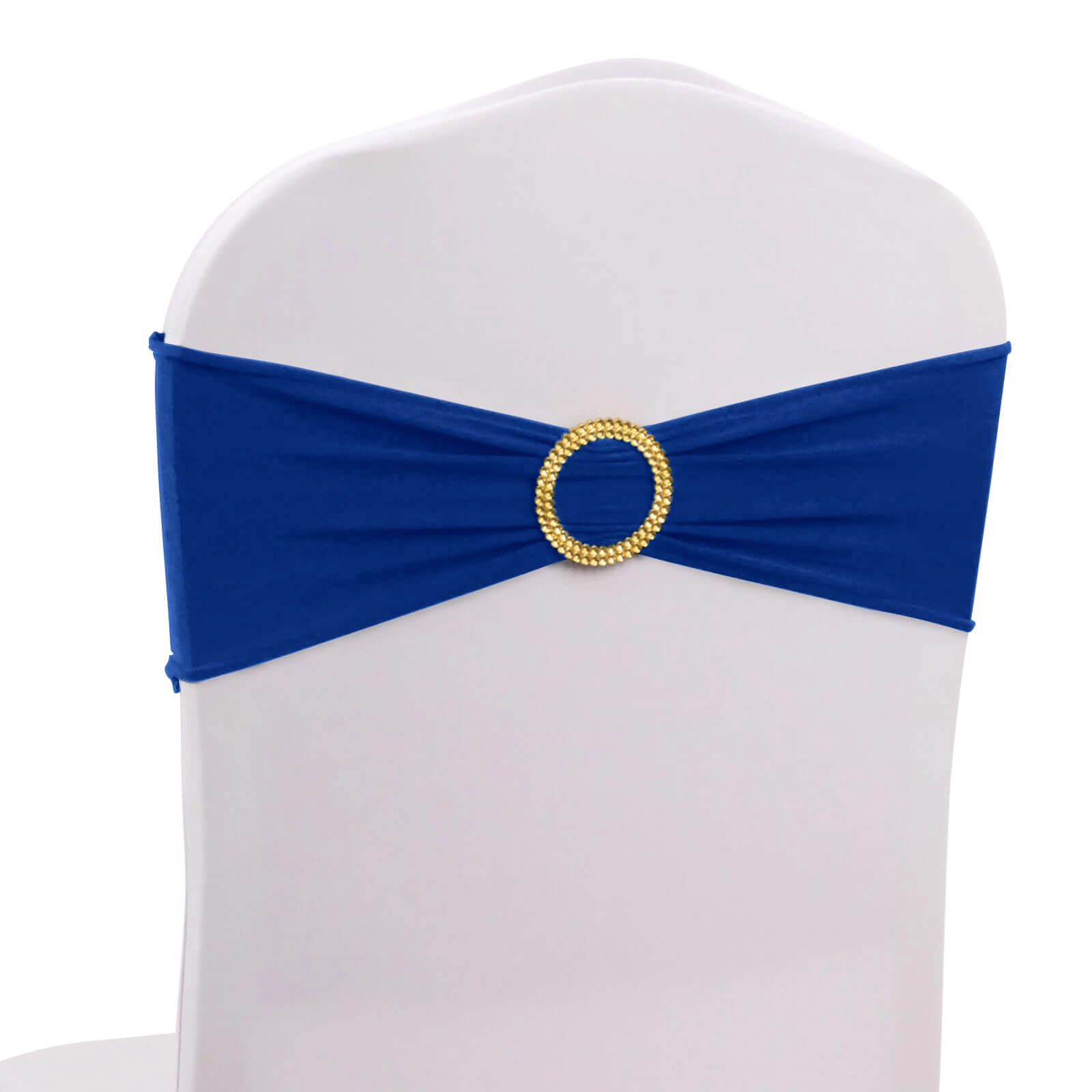 5 Pack Spandex Chair Sashes Royal Blue with Gold Rhinestone Buckles - Reusable Four-Way Stretch Sash Bands 5x14