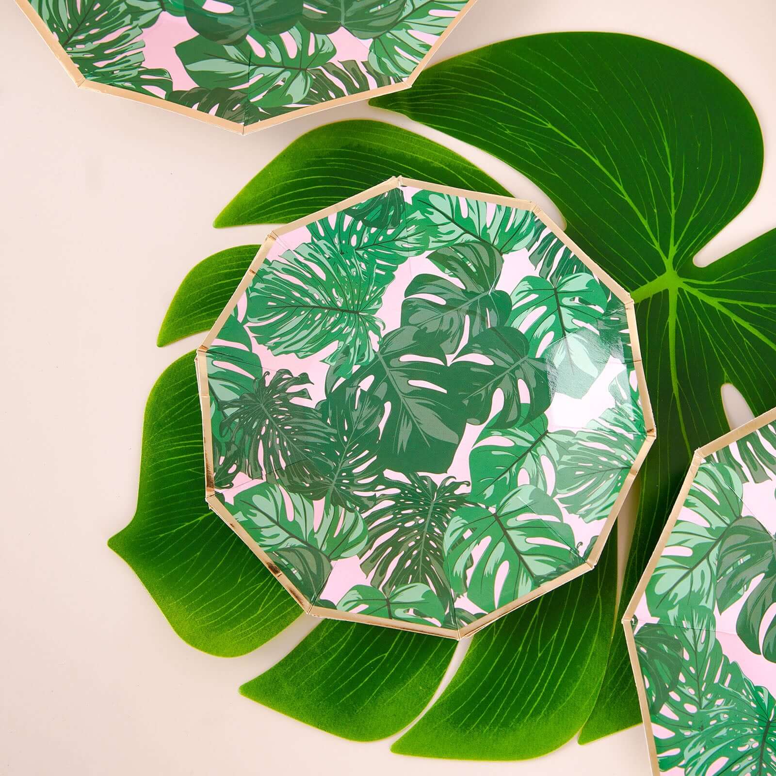 25-Pack Paper 7 Decagon Dessert Plates in Pink with Green Tropical Palm Leaves & Gold Rim - Disposable Geometric Appetizer Salad Plates for Boho Chic & Jungle Themed Events