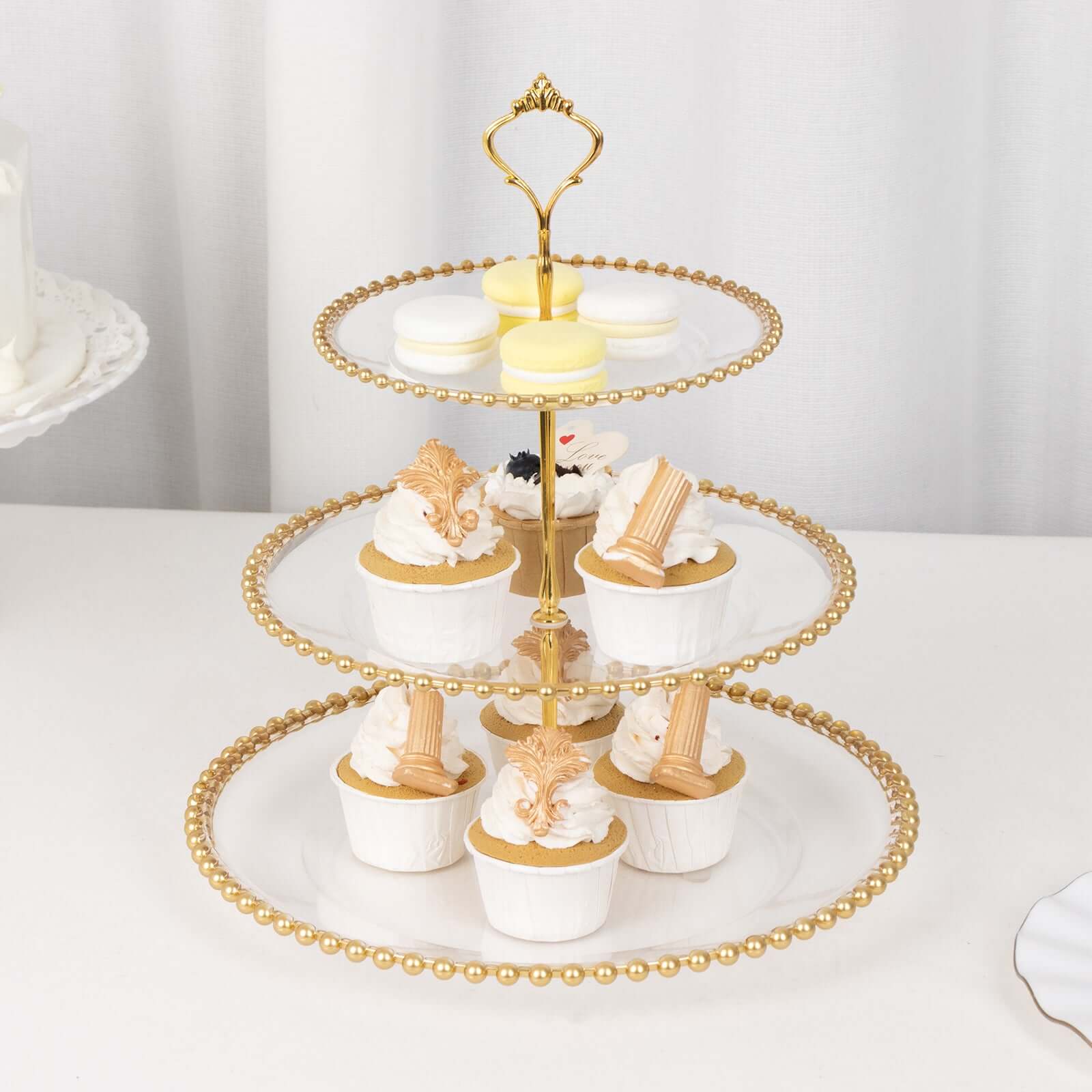 3-Tier Plastic Round Cupcake Tower Stand Clear - Versatile Dessert Display Tea Party Serving Platter with Gold Beaded Rim & Top Handle 14