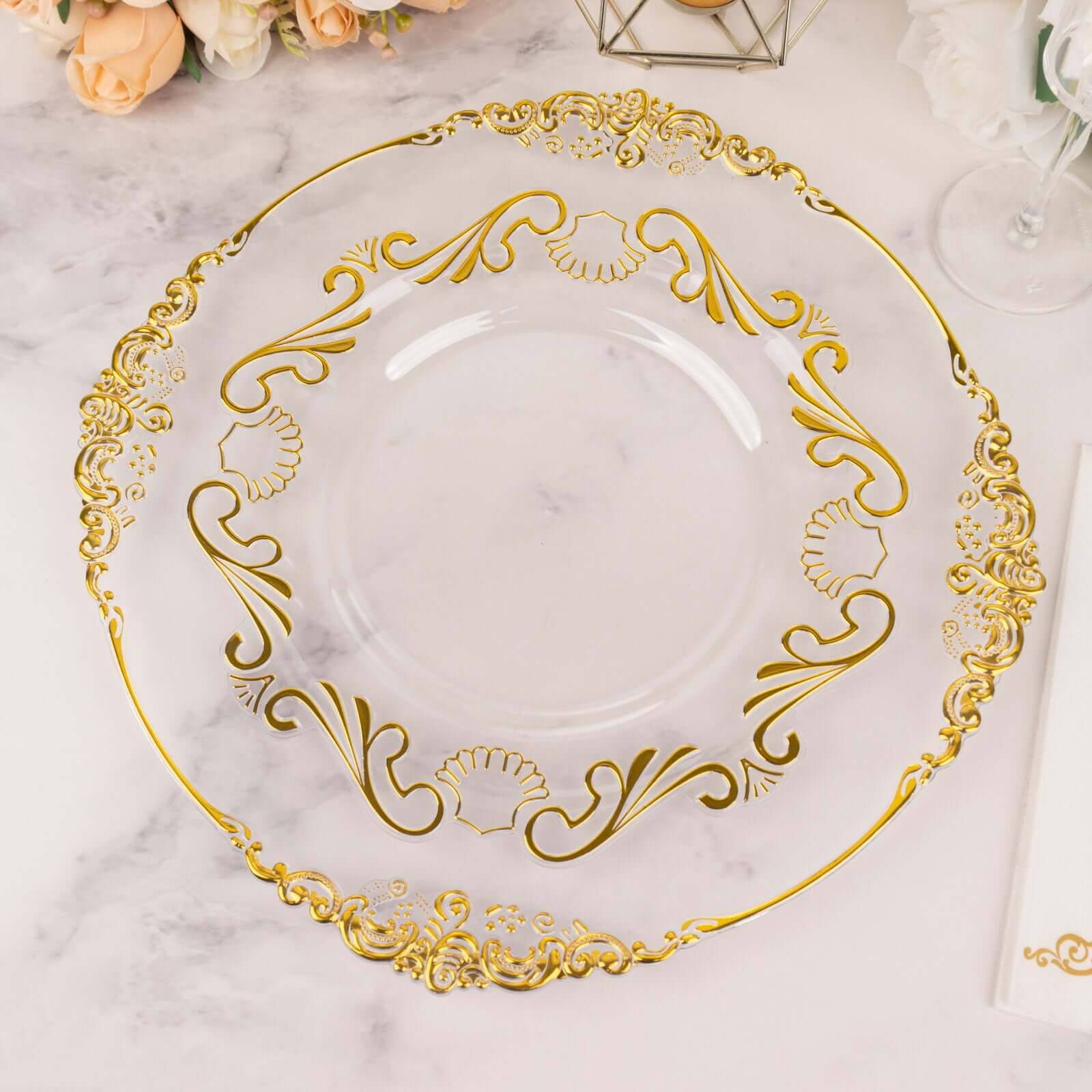 10-Pack Plastic 10 Round Dinner Plates in Clear with Gold Vintage Baroque Scalloped Rim - European Style Disposable Party Plates