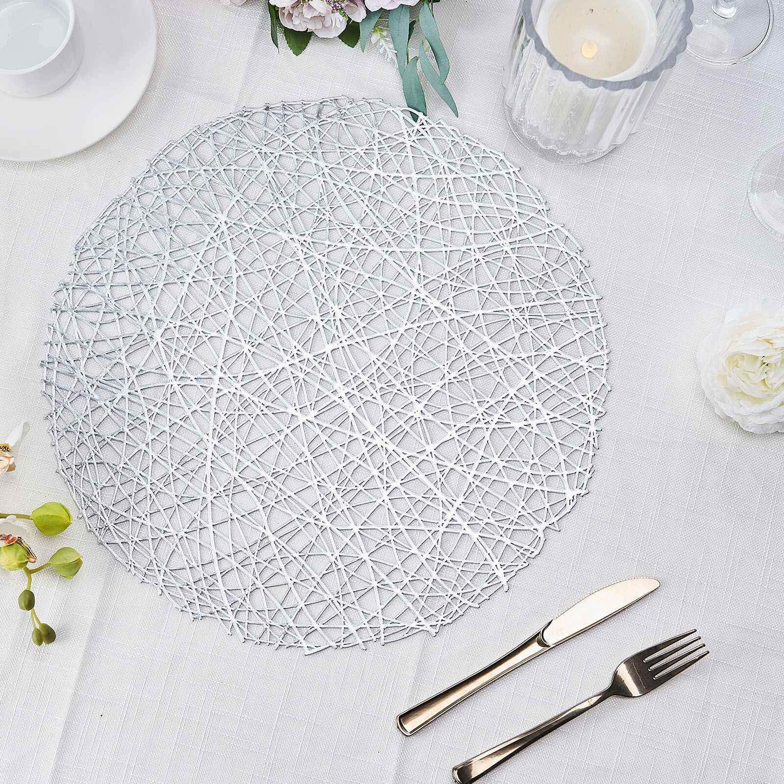 6-Pack Vinyl Placemats Silver Woven Design - Durable Non-Slip Round Table Mats for Dining 15