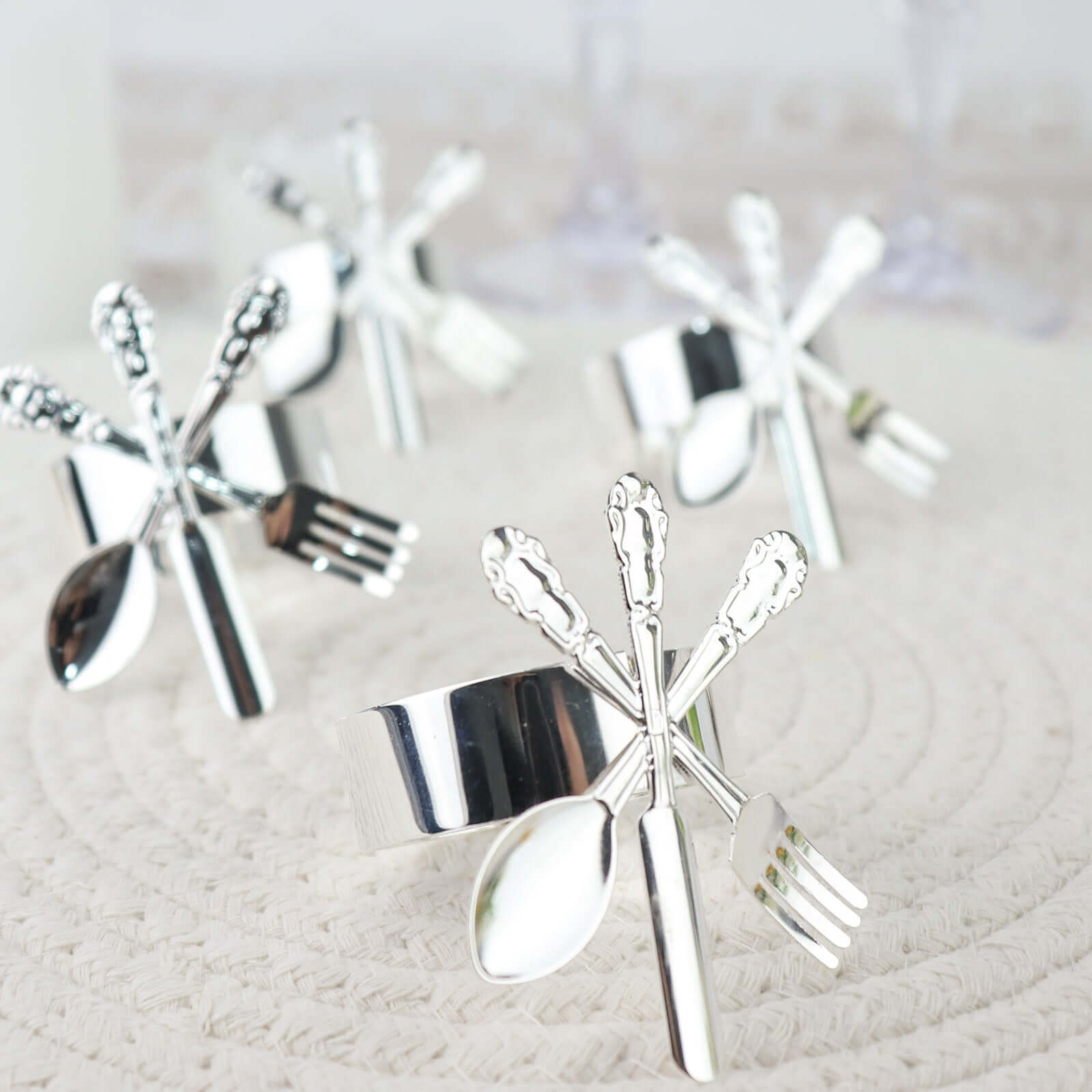 4 Pack Silver Metal Fork Knife Spoon Design Napkin Rings - Utensil Themed Napkin Holders