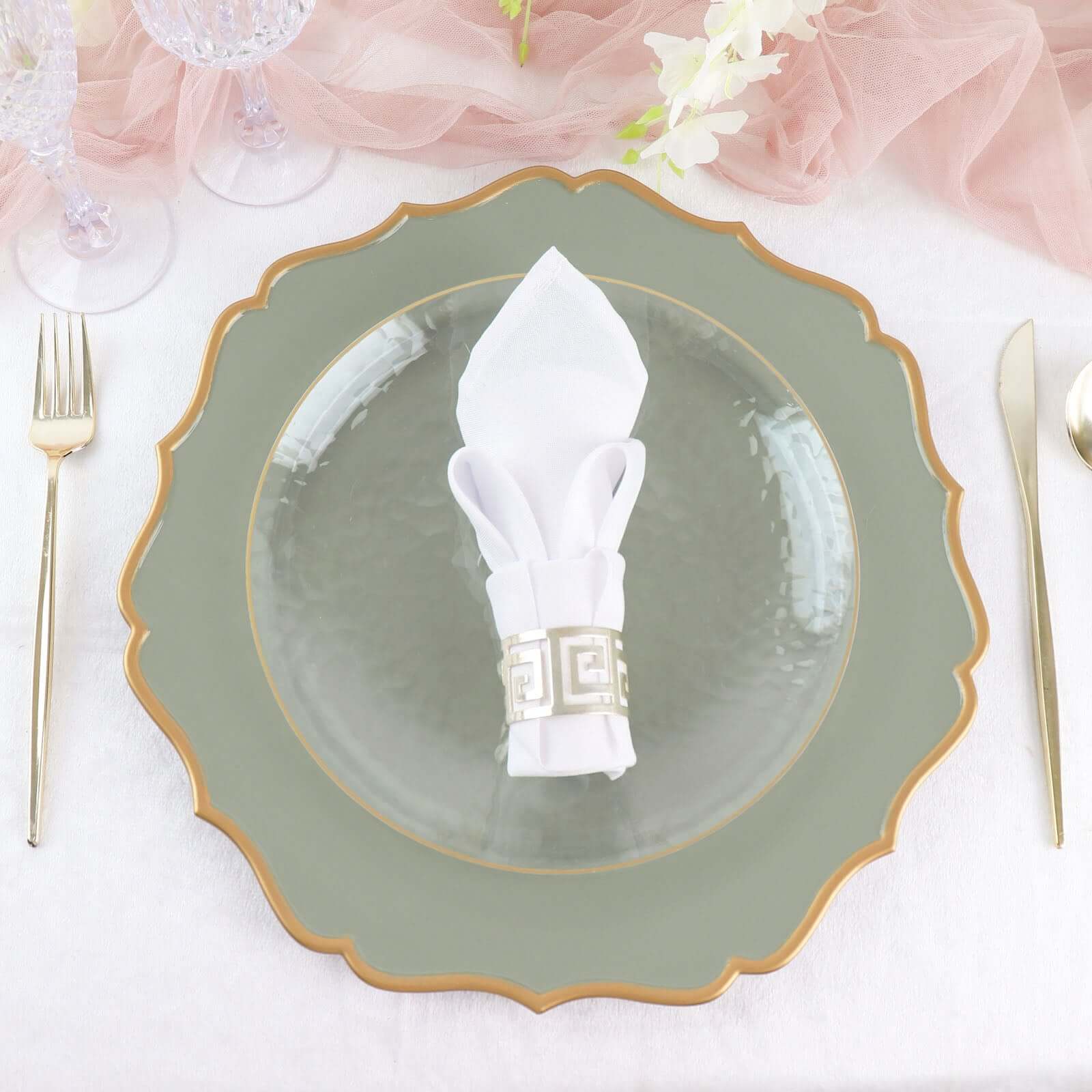 6-Pack Acrylic Round Charger Plates 13 in Dusty Sage Green with Gold Scalloped Rim, Decorative Dinner Party Plastic Charger Tableware