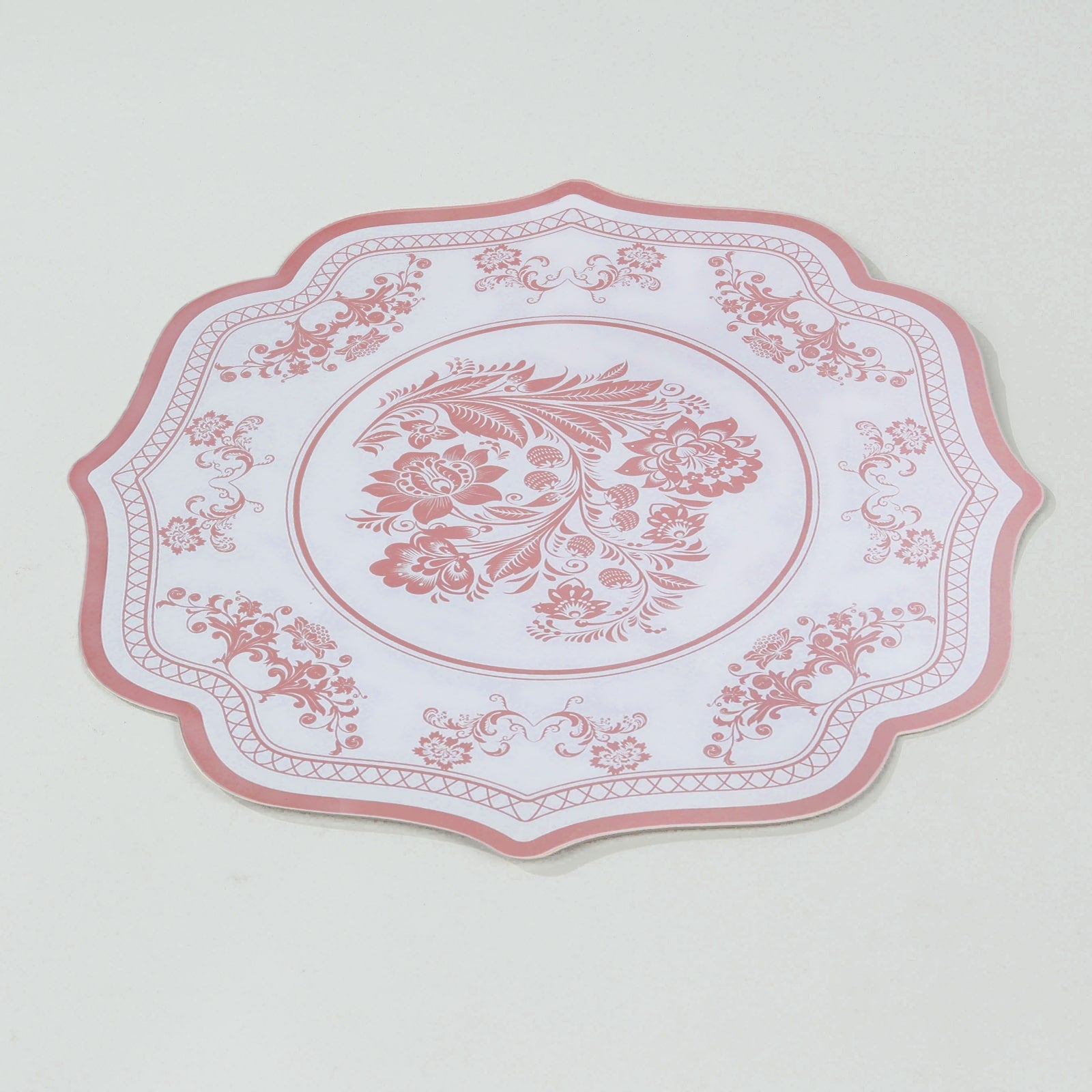 10-Pack Disposable Table Placemats 13 Round Placemats in White with Pink French Toile Pattern & Scalloped Rim - 400GSM Cardboard Placemats for Stylish Table Setting