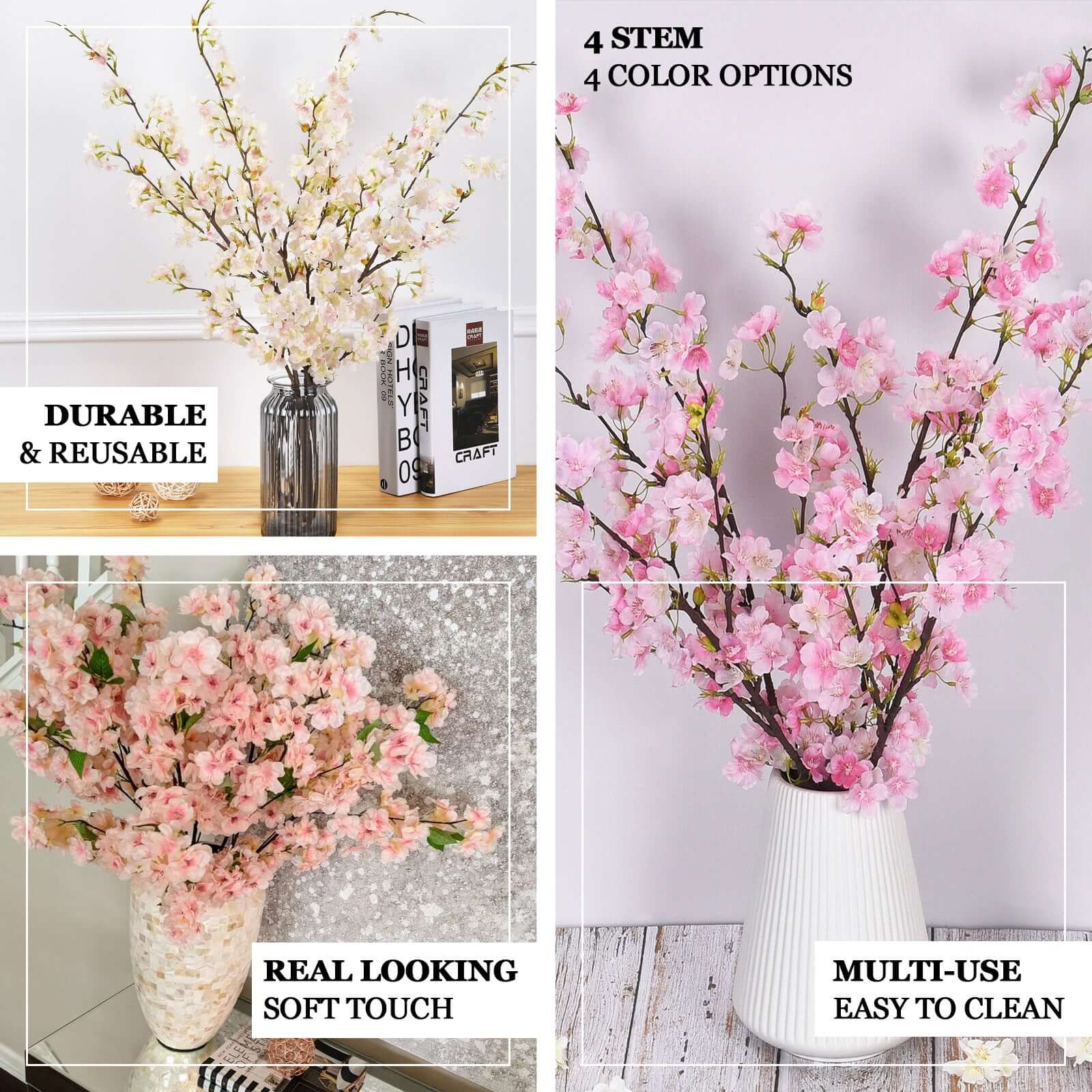 4 Bushes 40 Tall Pink Artificial Silk Cherry Blossom Flowers, Branches