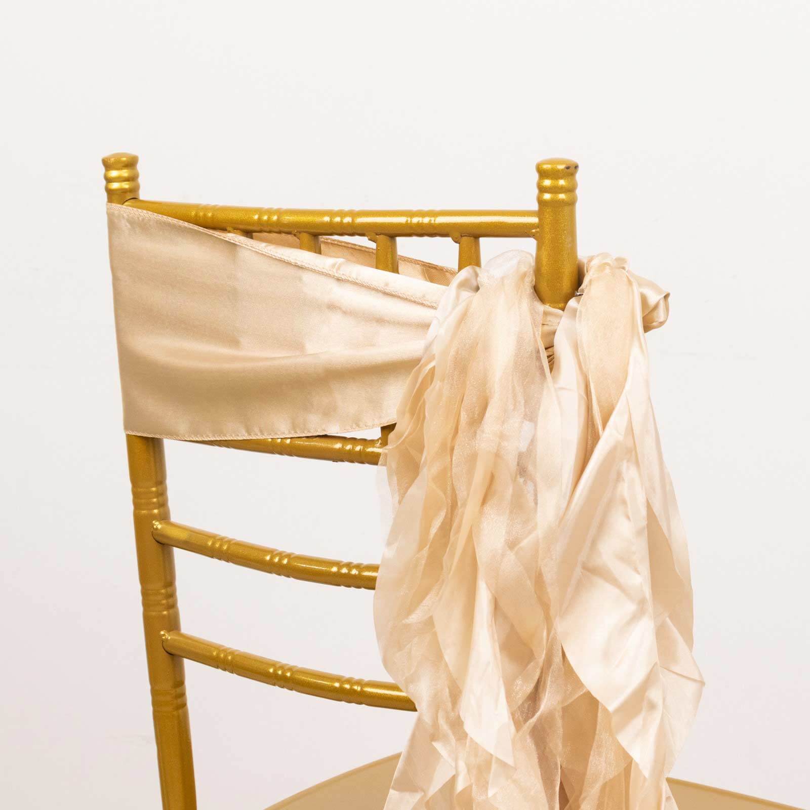 5 Pack Chiffon Satin Chair Sashes Beige - Easy to Install Ruffled Curly Willow