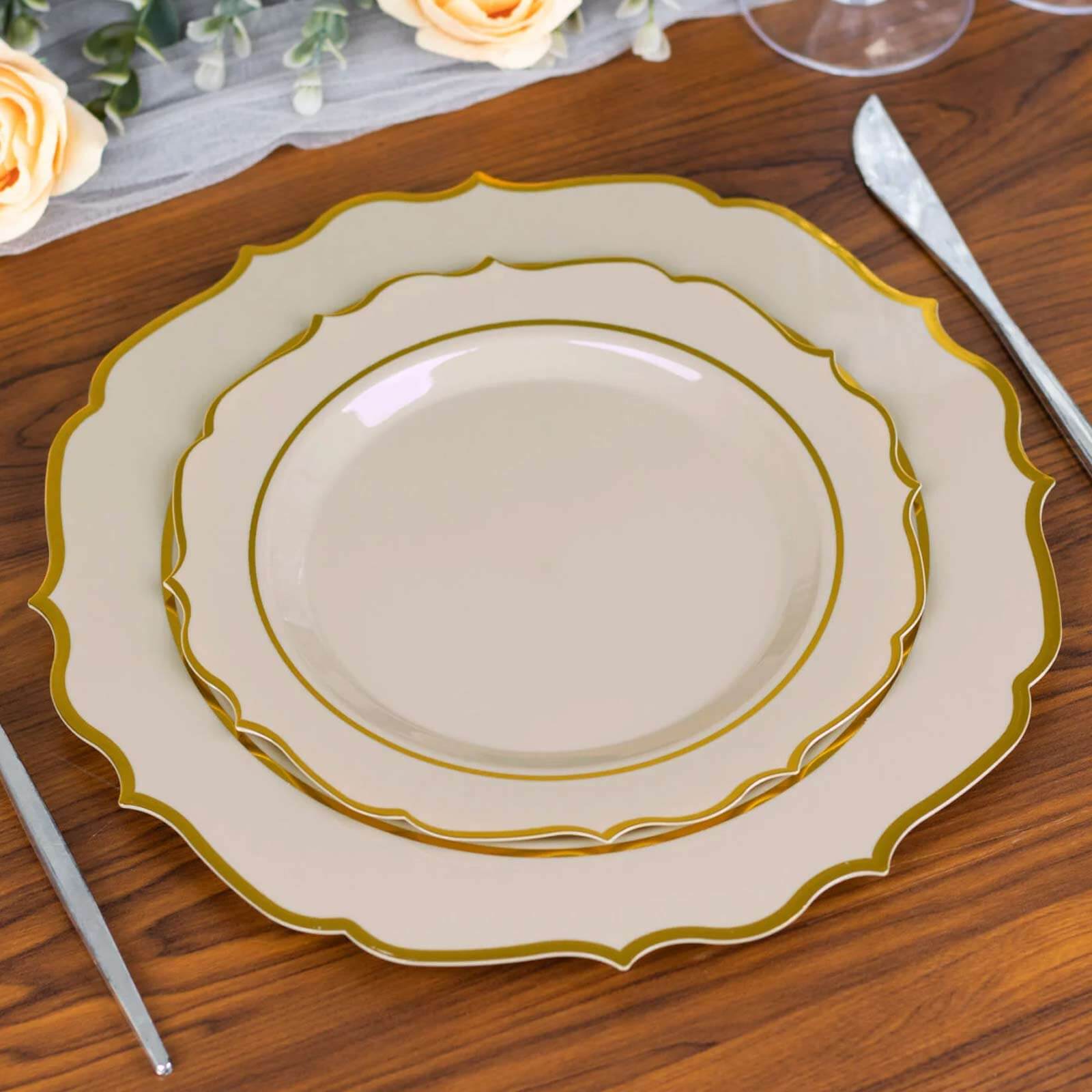 10-Pack Plastic 8 Round Desert Plates in Taupe with Gold Scalloped Rim - Disposable Appetizer/Salad Plates