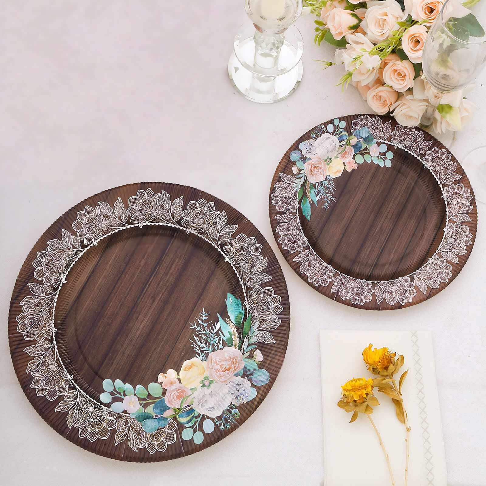 25-Pack Paper 10 Round Dinner Plates in Brown Wood Print with Floral Lace Rim - Disposable Party Plates for Farmhouse Weddings & Rustic Themes