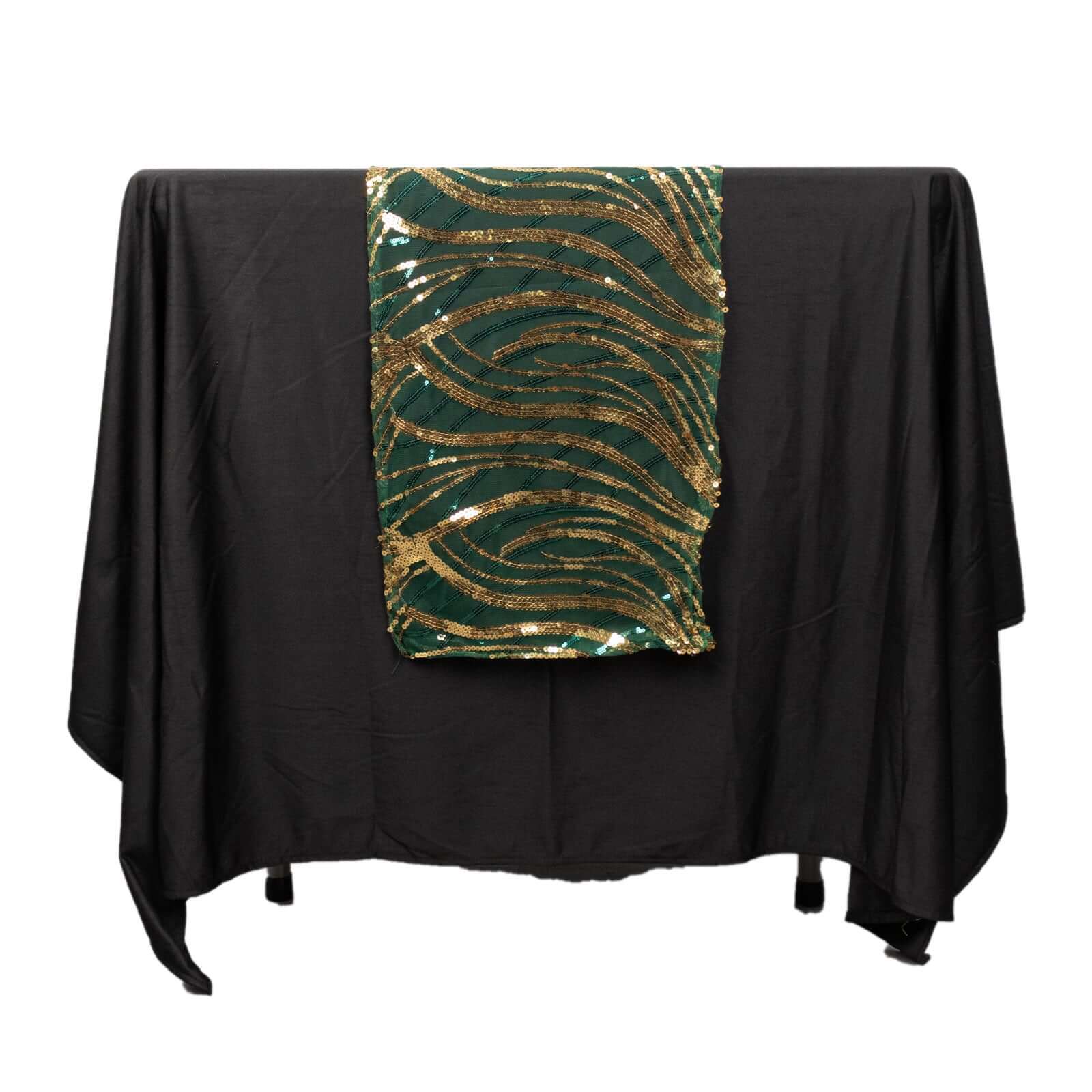 Sequin Mesh 12x108 Table Runner Hunter Emerald Green Stylish Wave Embroidery