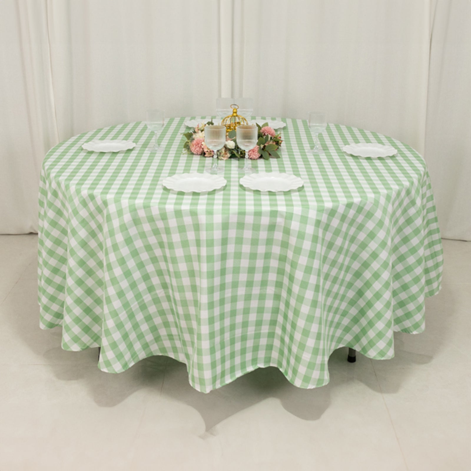 Polyester 108 Round Tablecloth White/Sage Green - Checkered Buffalo Plaid Table Cover