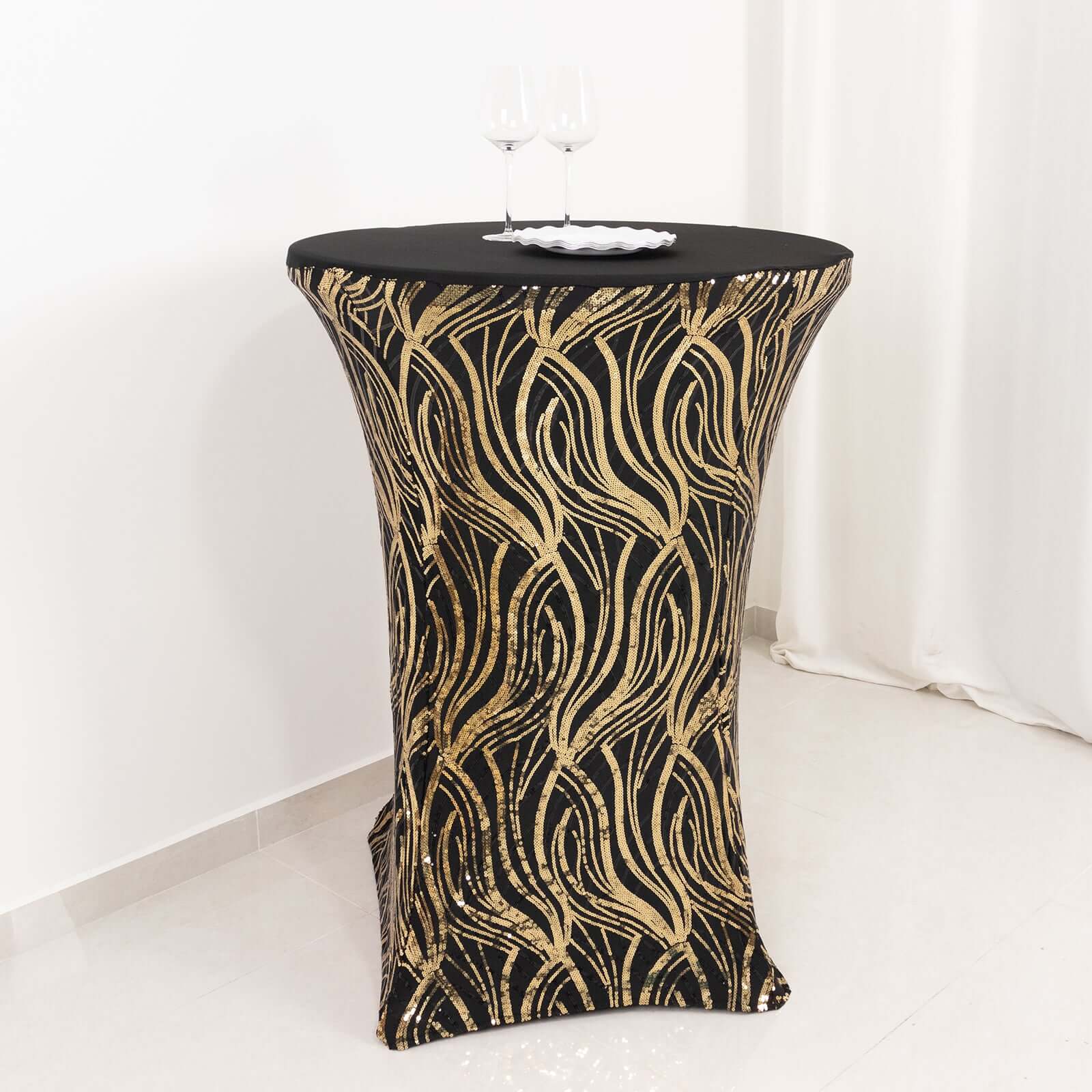 Spandex 32 Round Cocktail Table Cover Black/Gold with Wave Embroidered Sequins - Glamorous Design for Upscale Events