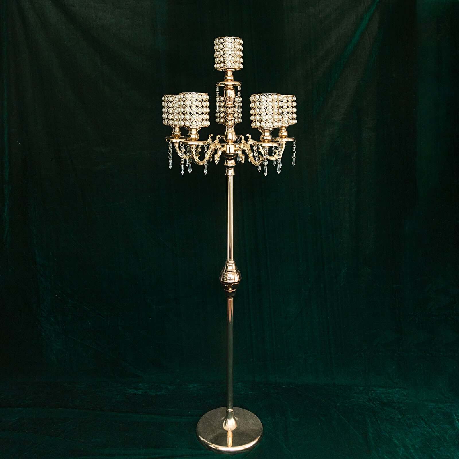 Metal Pearl Beaded Candelabra in Gold 6-Arm - Stylish Table Centerpiece with Crystal Chandelier Pendants