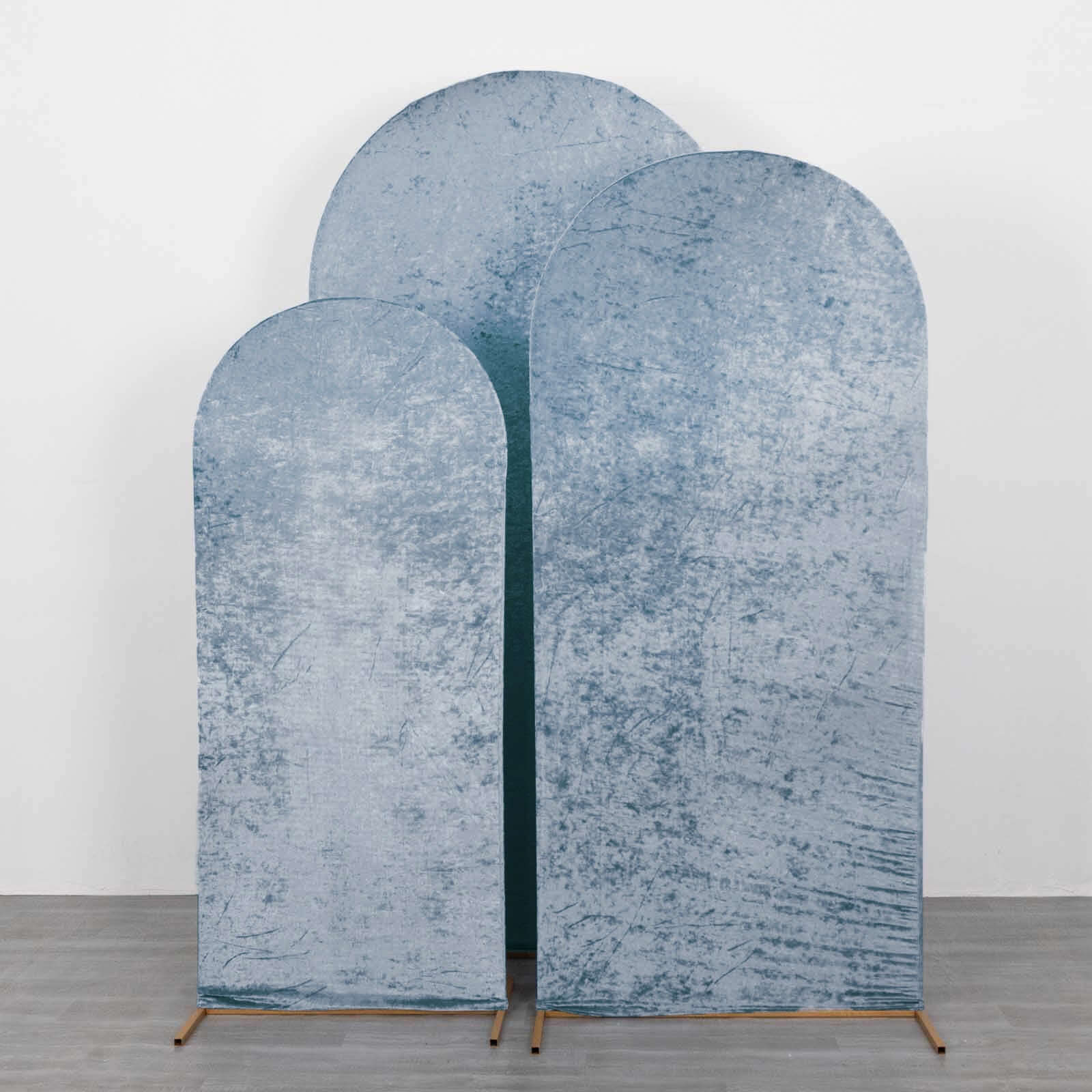 Set of 3 Dusty Blue Crushed Velvet Chiara Backdrop Stand Covers For Round Top Wedding Arches - 5ft, 6ft, 7ft