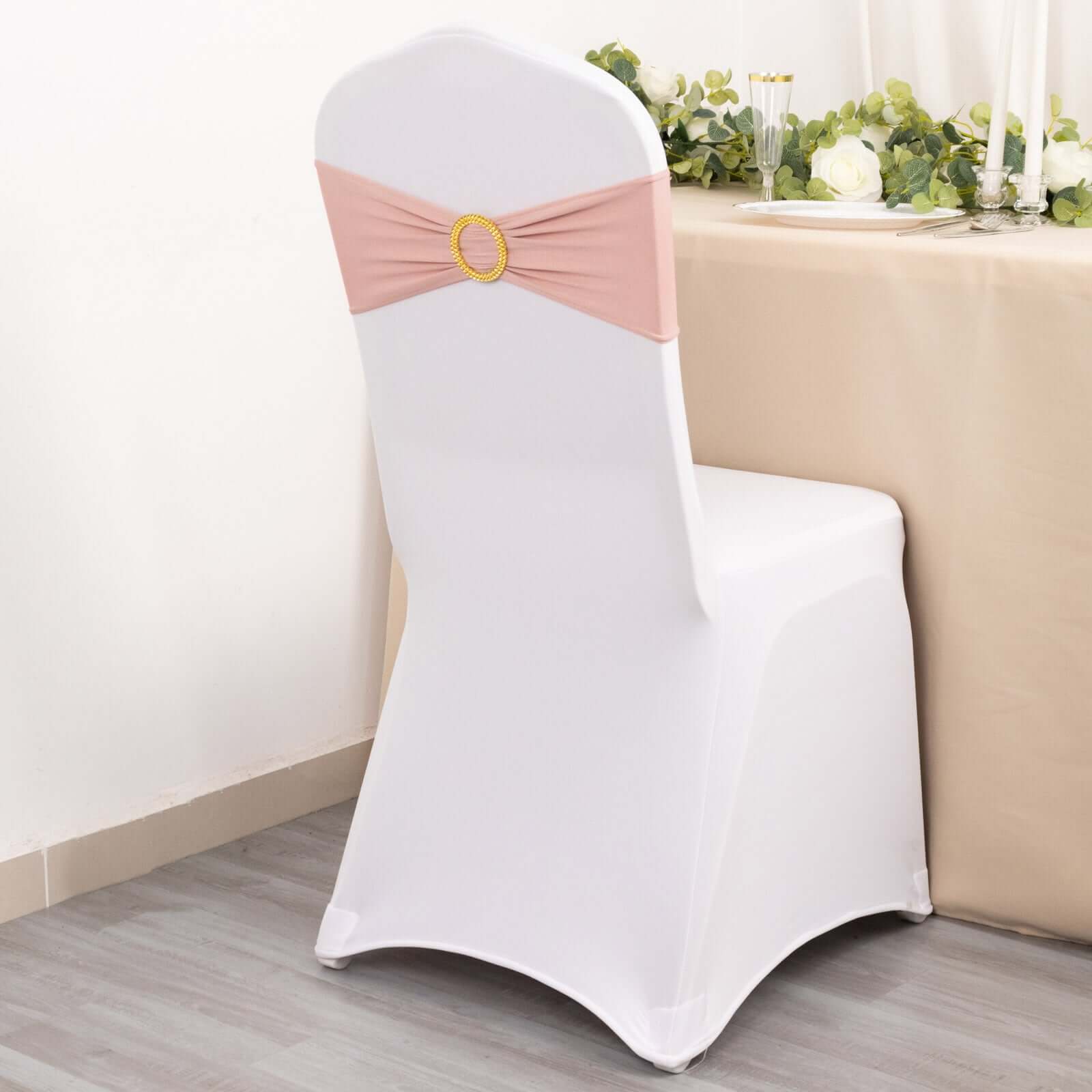 5 Pack Spandex Chair Sashes Dusty Rose with Gold Rhinestone Buckles - Reusable Four-Way Stretch Sash Bands 5x14