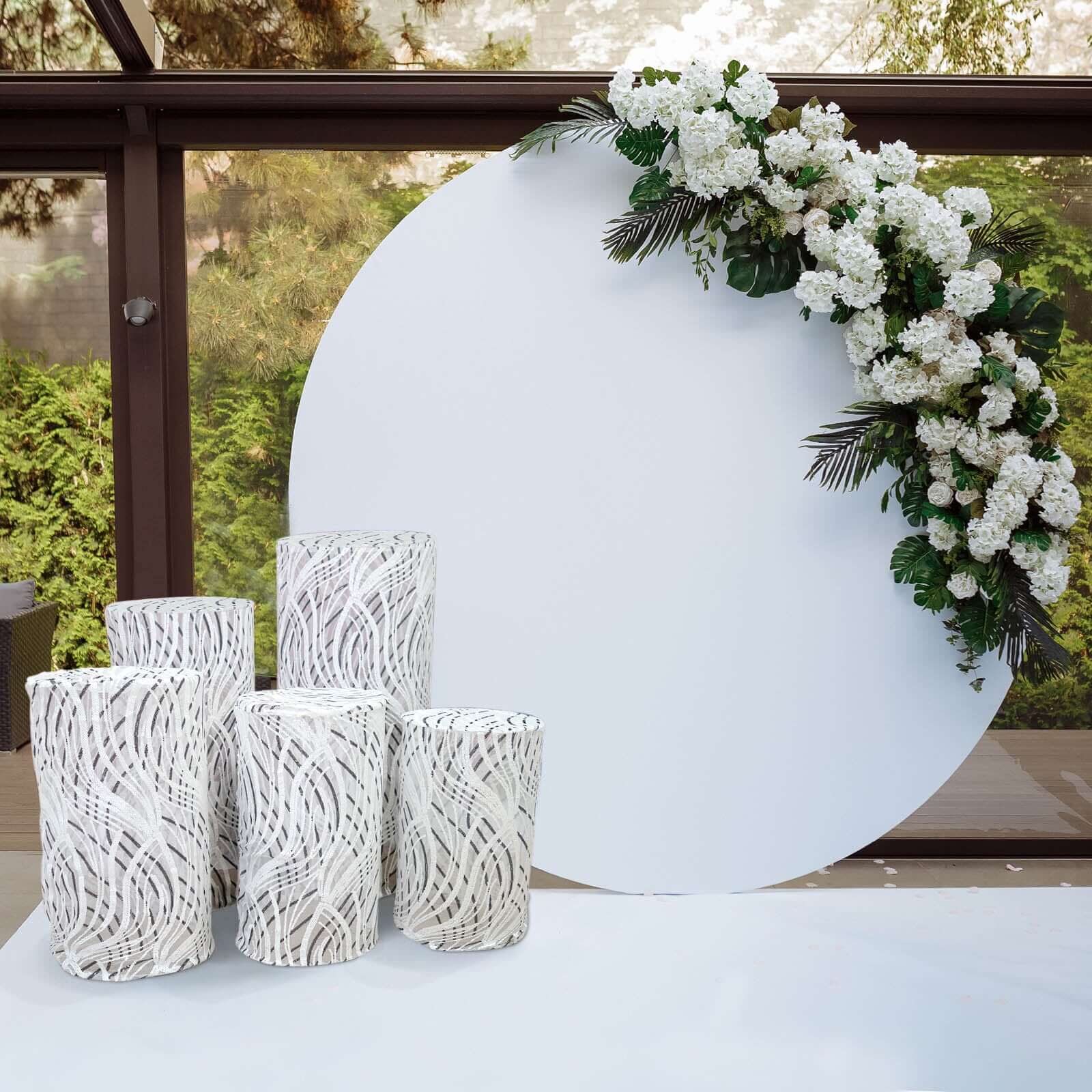 Set of 5 White Wave Mesh Cylinder Pedestal Stand Covers with Embroidered Sequins, Pillar Prop Covers - 160 GSM