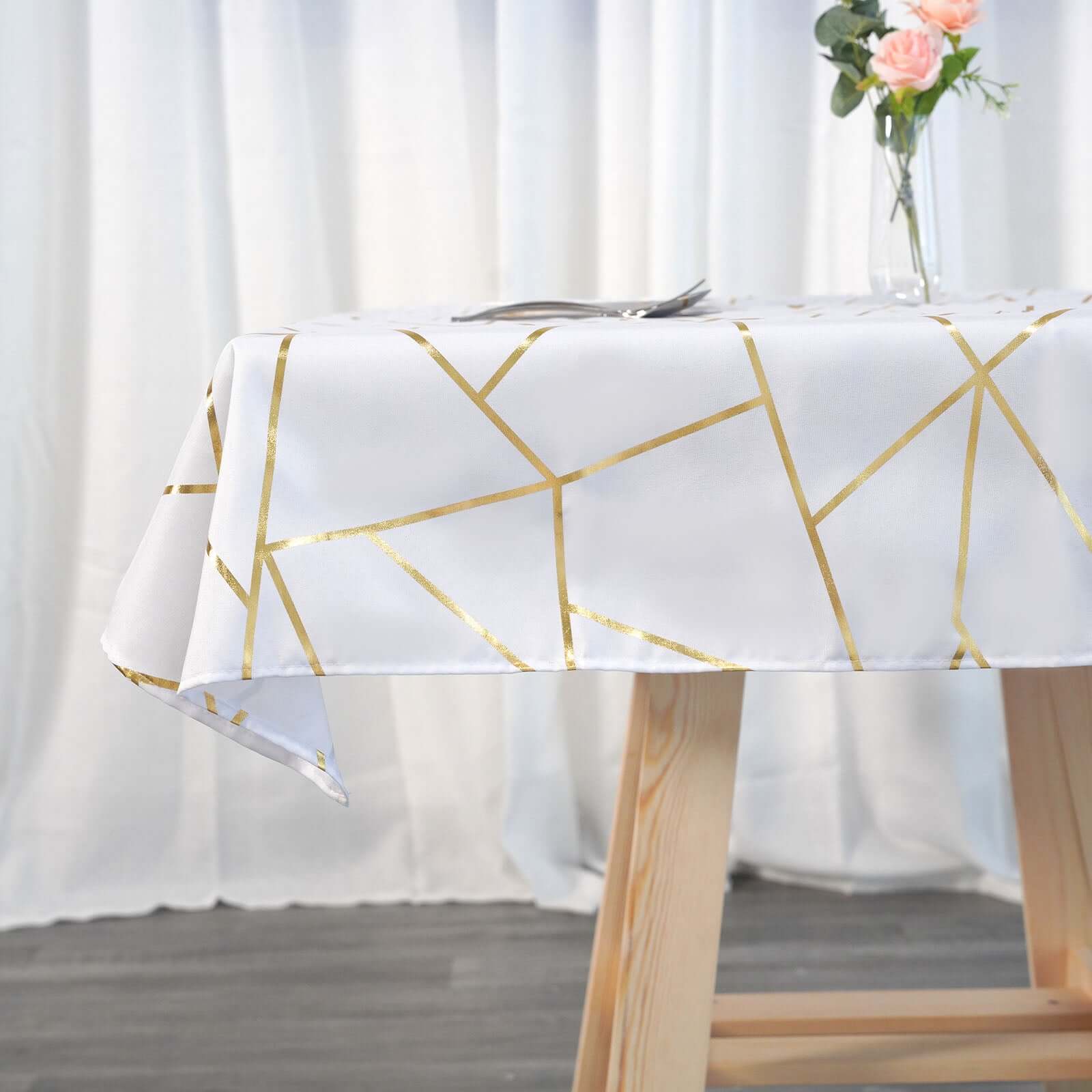 Polyester 54x54 Square Tablecloth White with Gold Foil Geometric Pattern - Wrinkle-Resistant & Durable for Stylish Settings