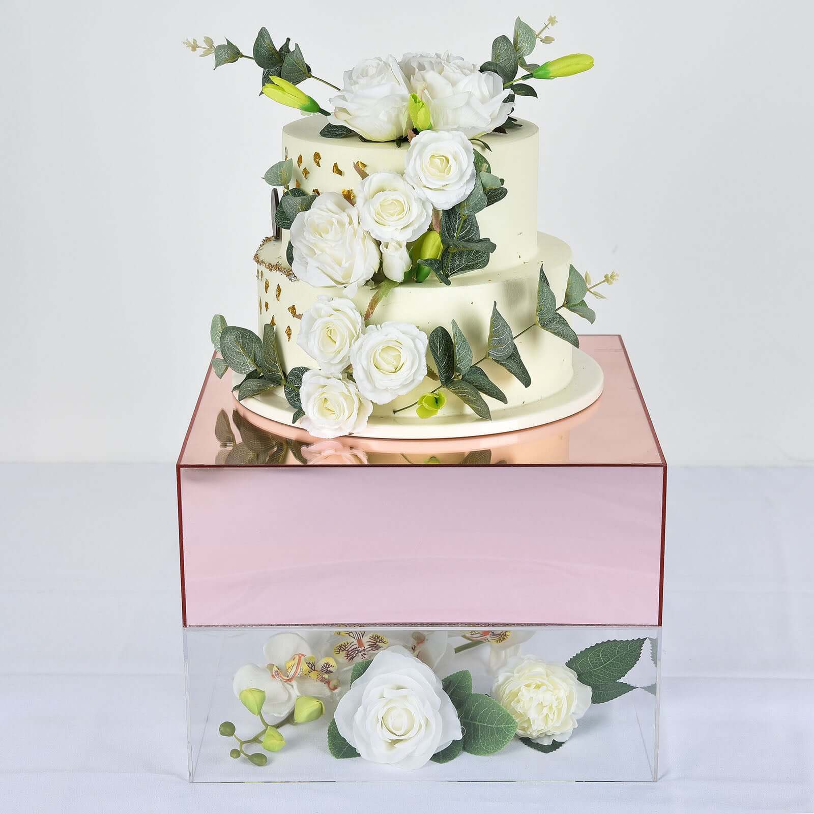 Acrylic Cake Box Stand Pedestal Riser Mirror Finish Rose Gold - Display for Desserts and Events 14x14