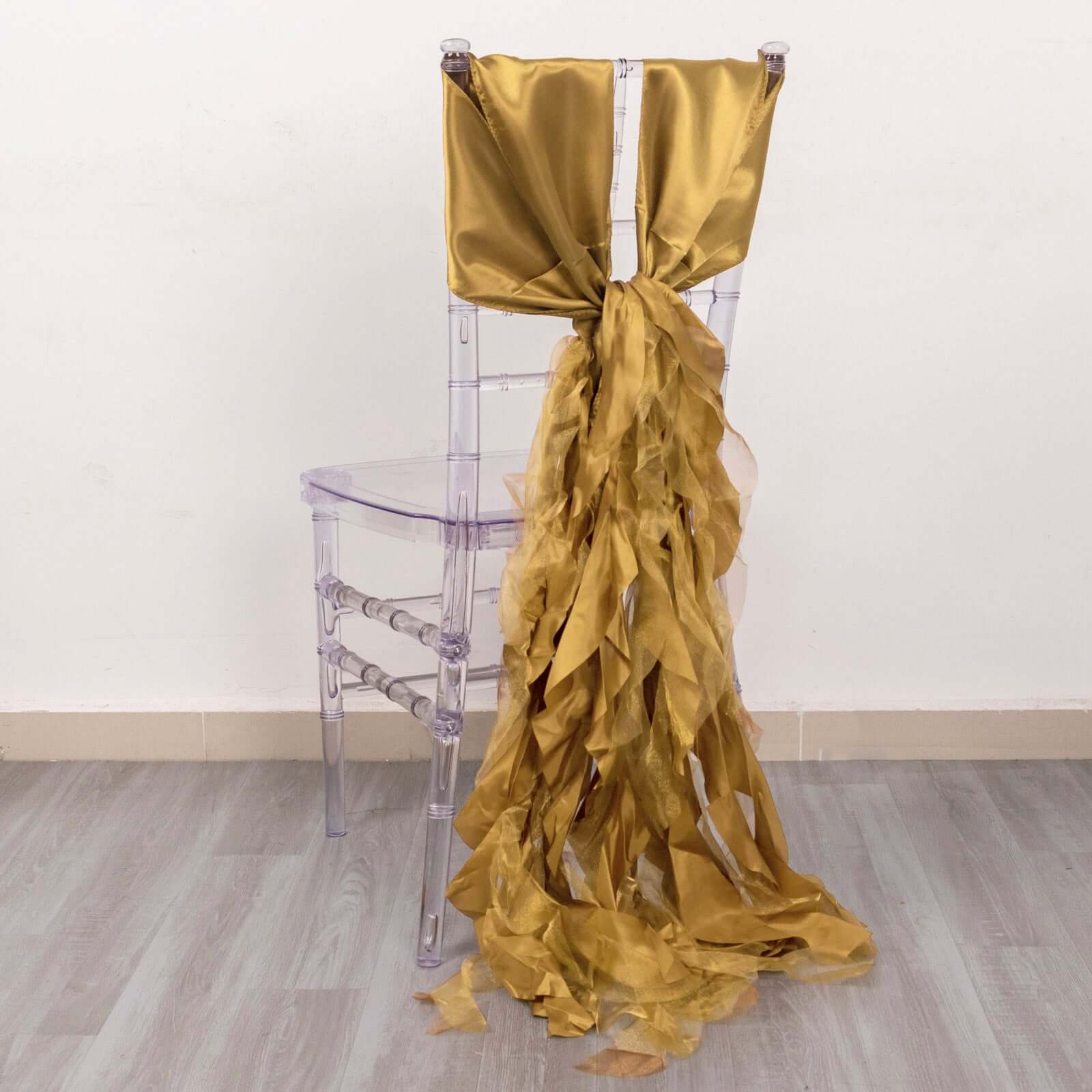 5 Pack Chiffon Satin Chair Sashes Gold - Easy to Install Lustrous Ruffled Curly Willow Wedding Chair Decorations