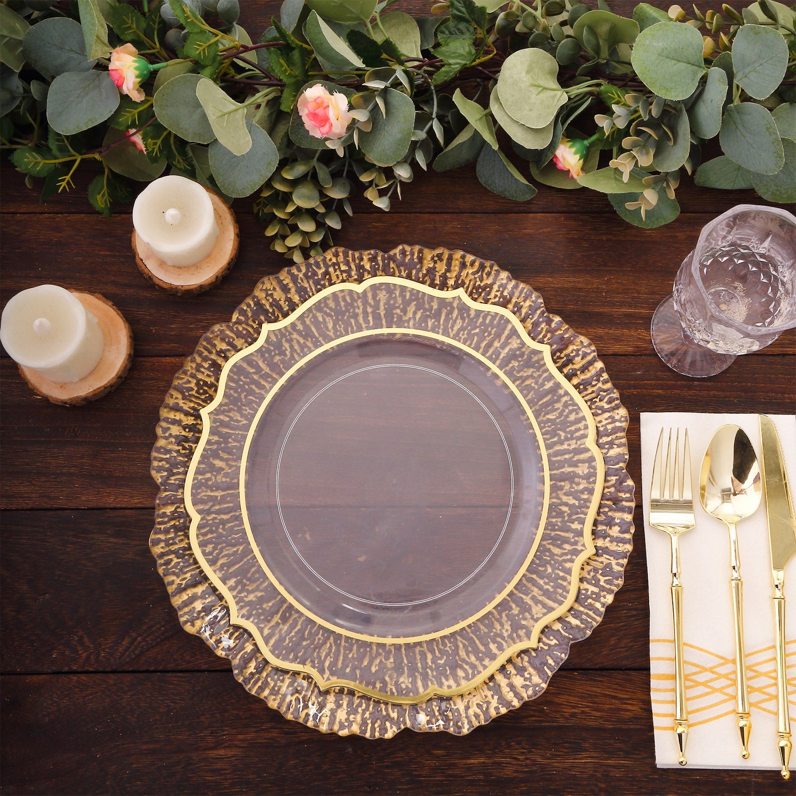 6-Pack Plastic Round Charger Plates 12 in Clear with Gold Brushed Scalloped Reef Rim, Decorative Dinner Party Serving Plates