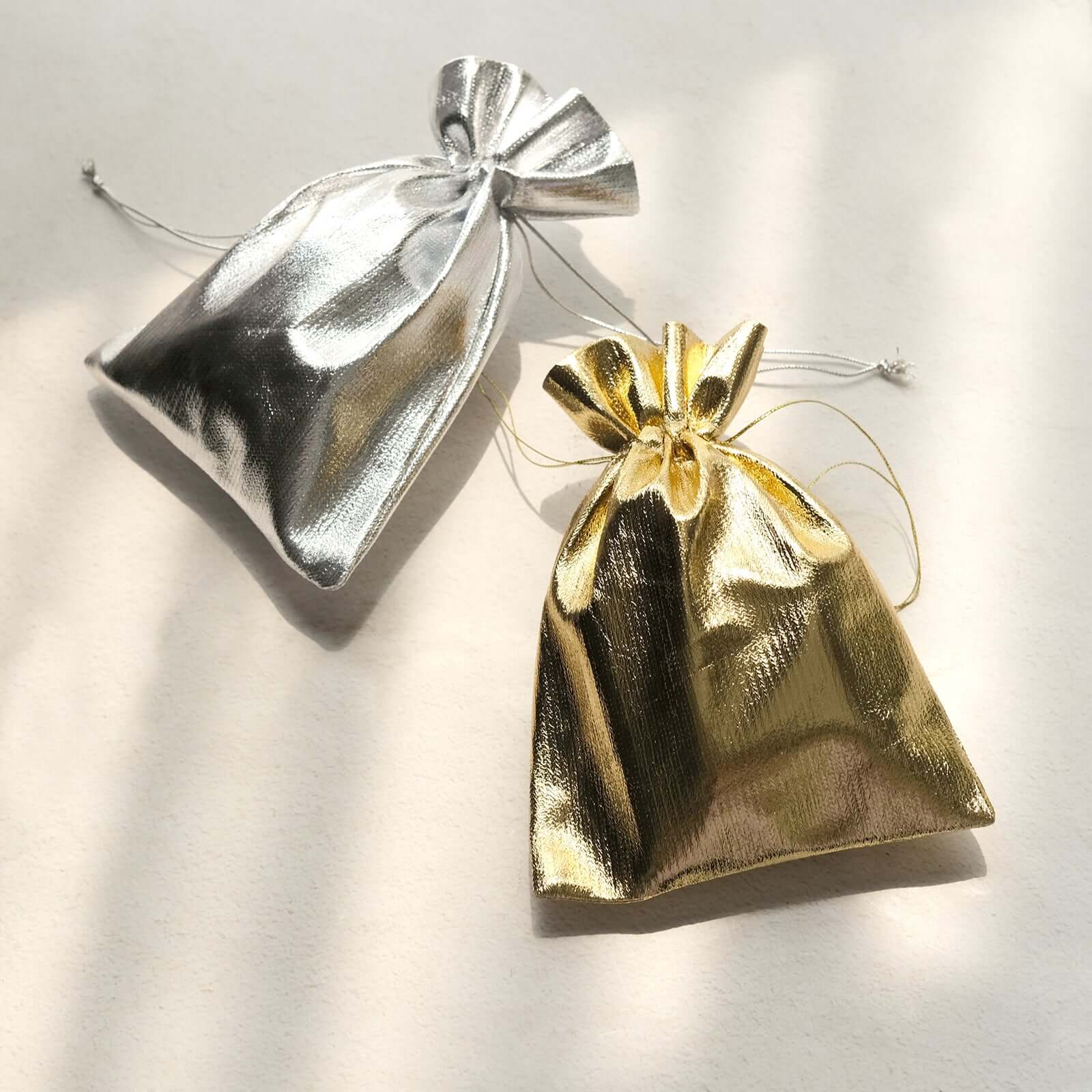 10 Pack Metallic Gold Lame Polyester 5x7 Party Favor Gift Bags, Shiny Fabric Drawstring Candy Pouch