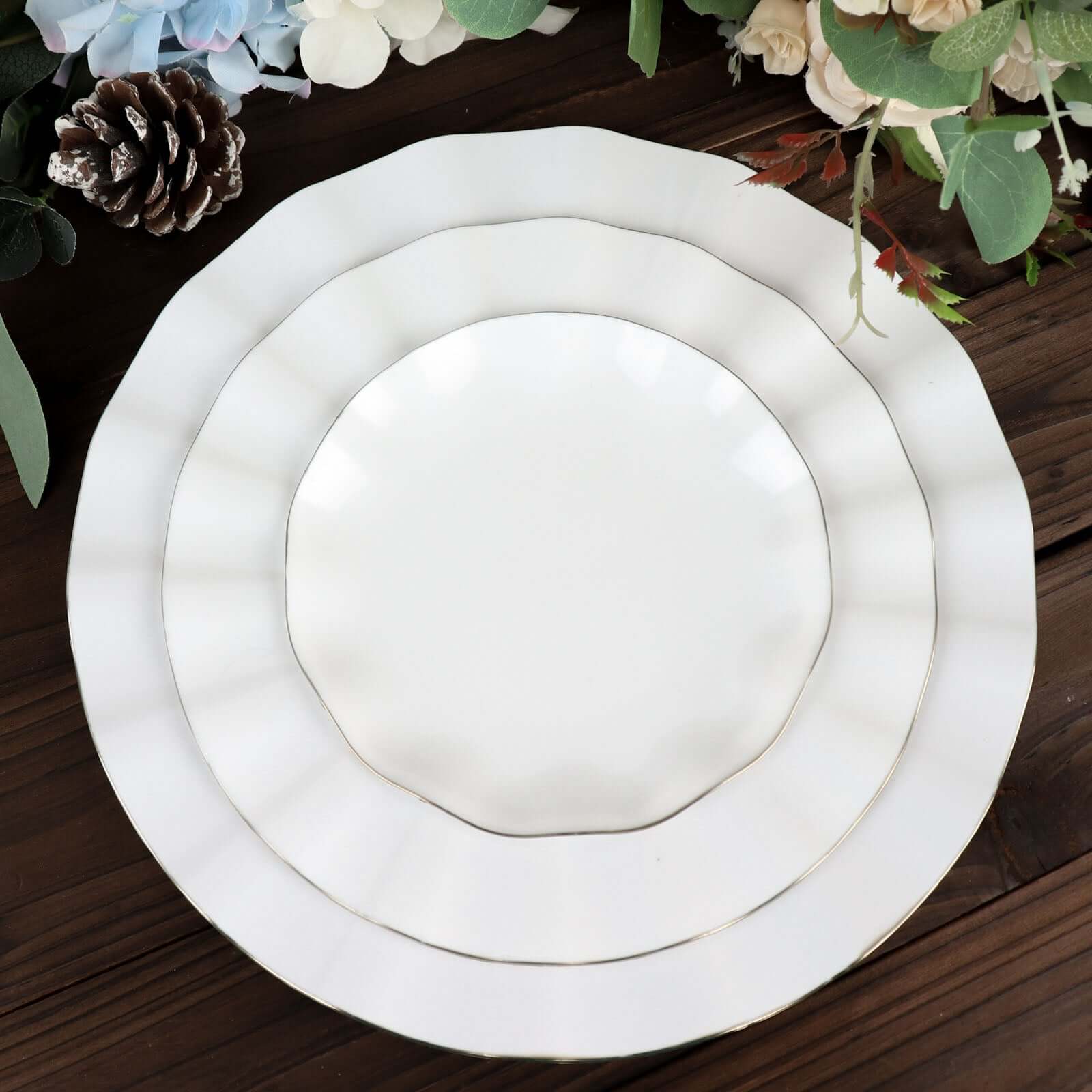 10-Pack Plastic Round 6 Dessert Plates in White Ruffled Rim with Gold Edging - Sturdy Disposable Salad Appetizer Dinnerware for Classy Events & Banquets