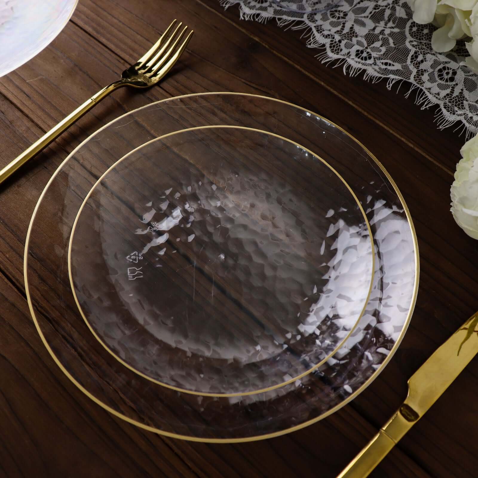 10-Pack Plastic 7 Round Dessert Appetizer Plates in Clear Hammered Design with Gold Rim - Modern Disposable Salad Plates